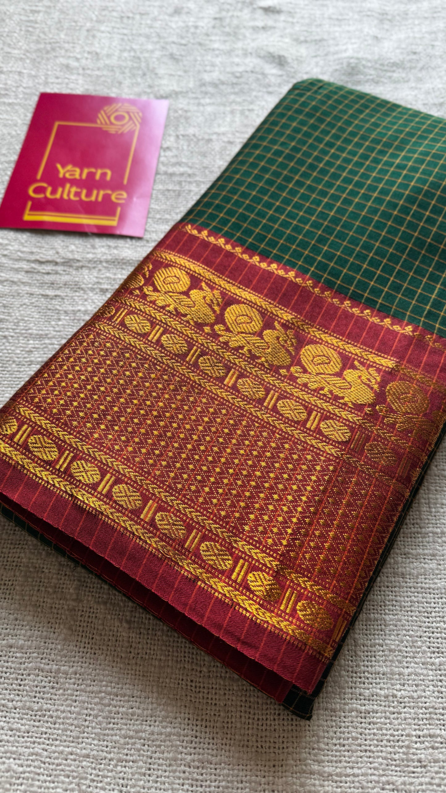 Dark green checks with zari border, premium narayanpet, soft cotton - YCWOTDOCNP01