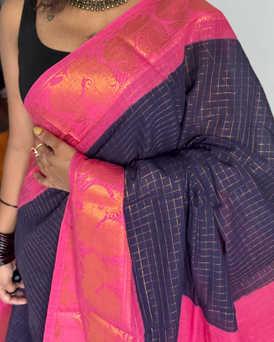 Navy blue with pink contrast, zari checkered sungudi, kattuchayam dyed madurai cotton - YCCOTNMSFE331