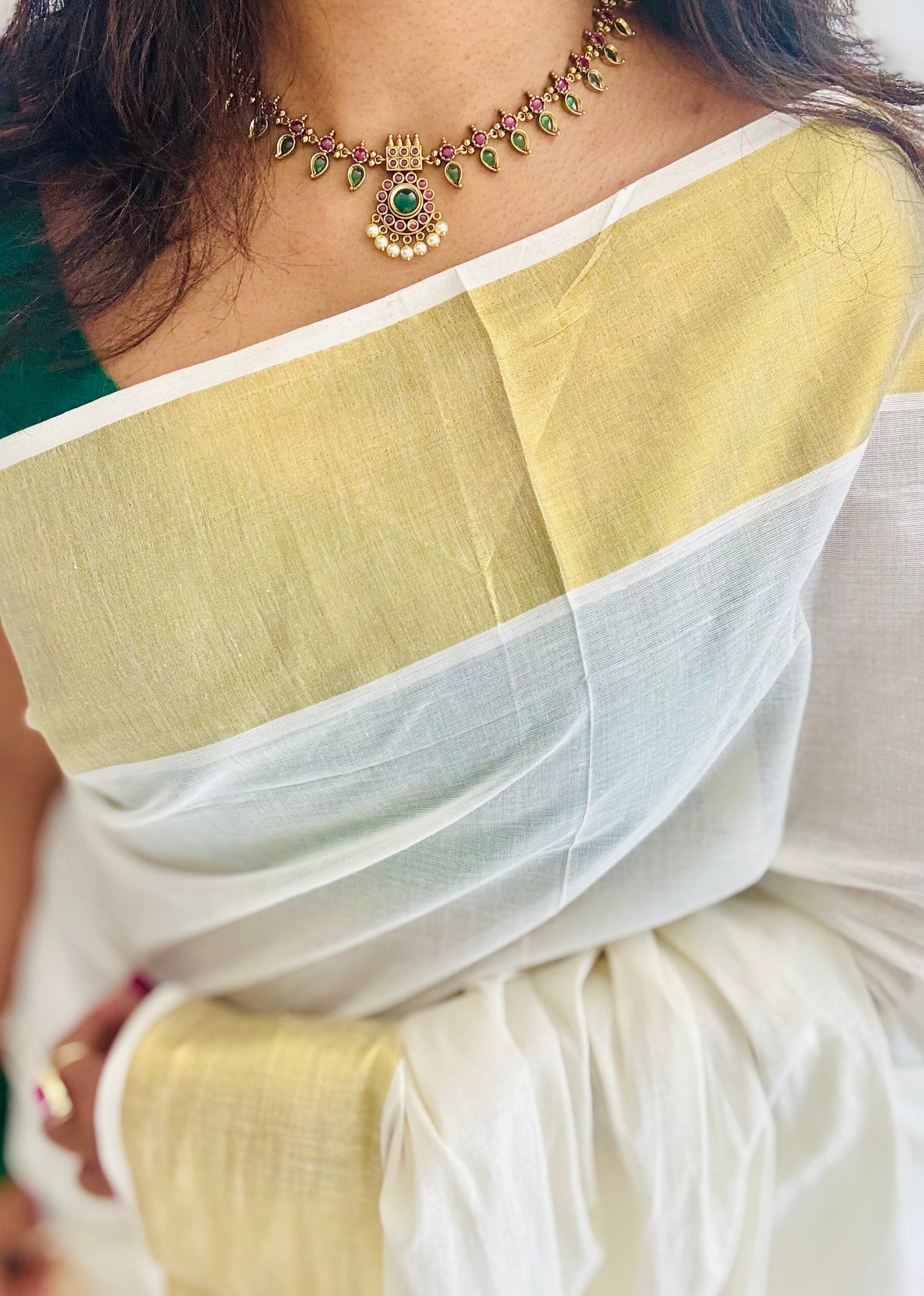 Green and dark pink palakka necklace with jhumka - YCAGC82