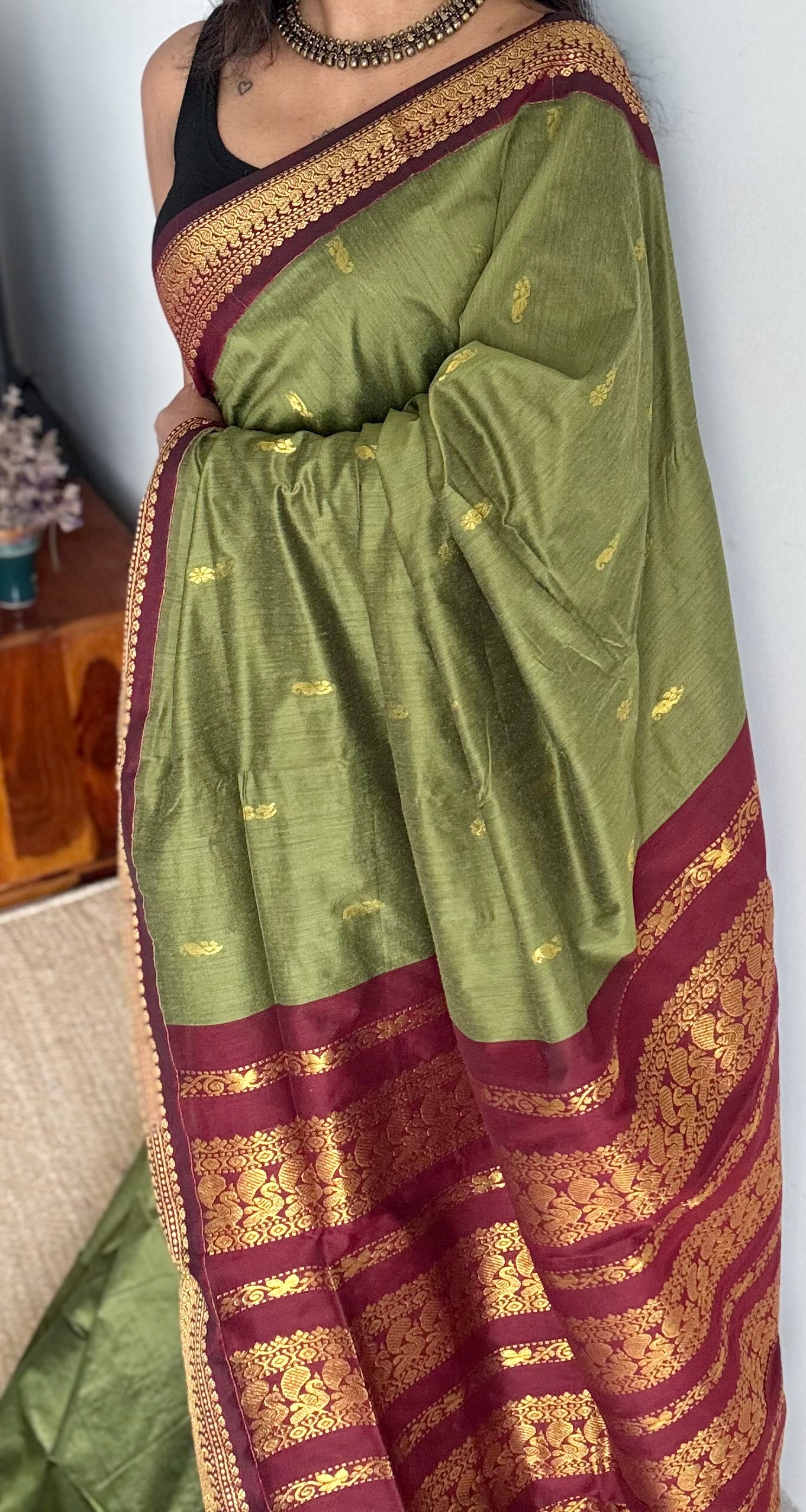 Green with maroon - cotton silk - YCCOTNSEKCS01
