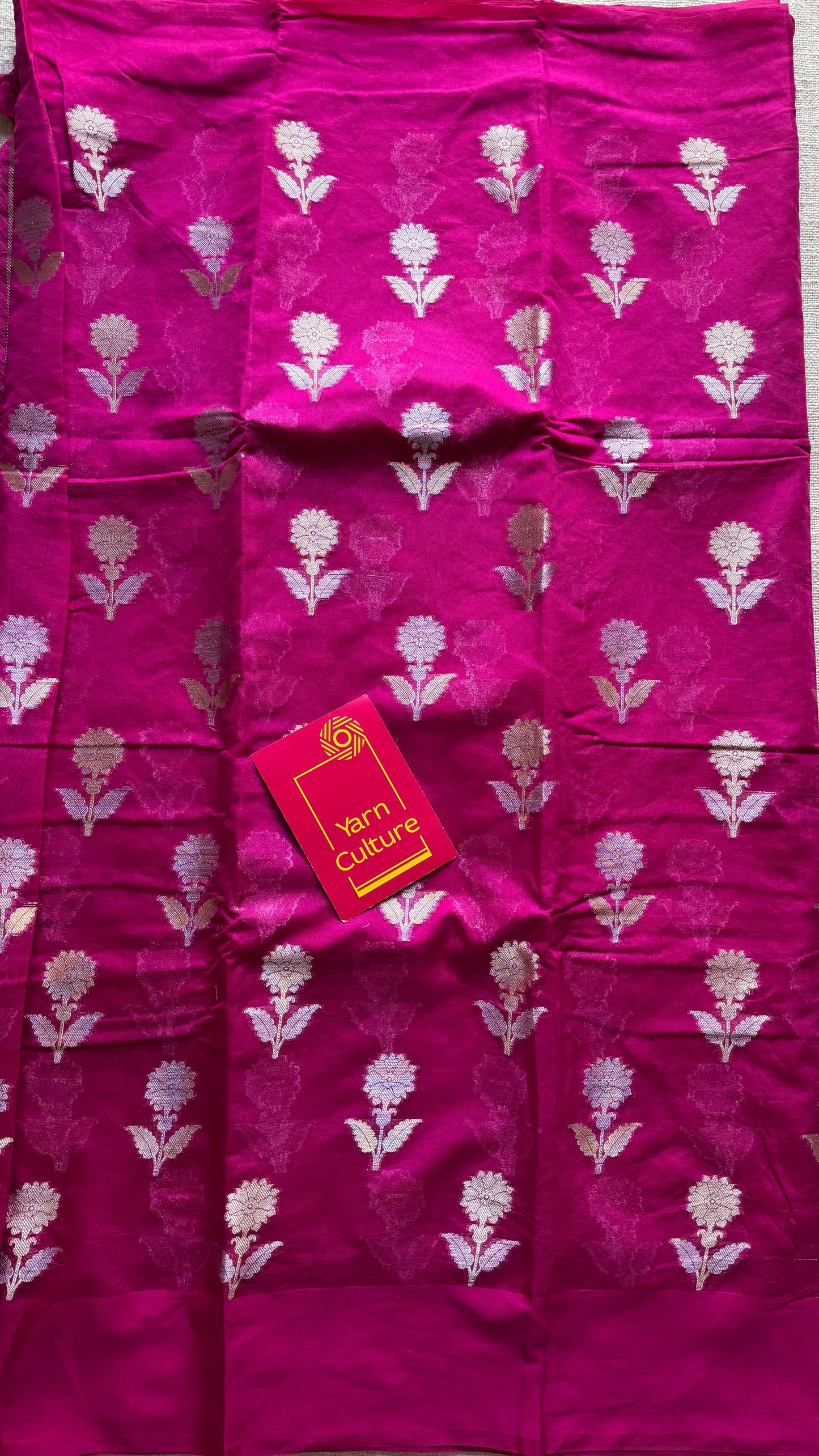 Rani pink with gold and silver floral buttas, Banarasi semi-crepe silk - YCDESE51