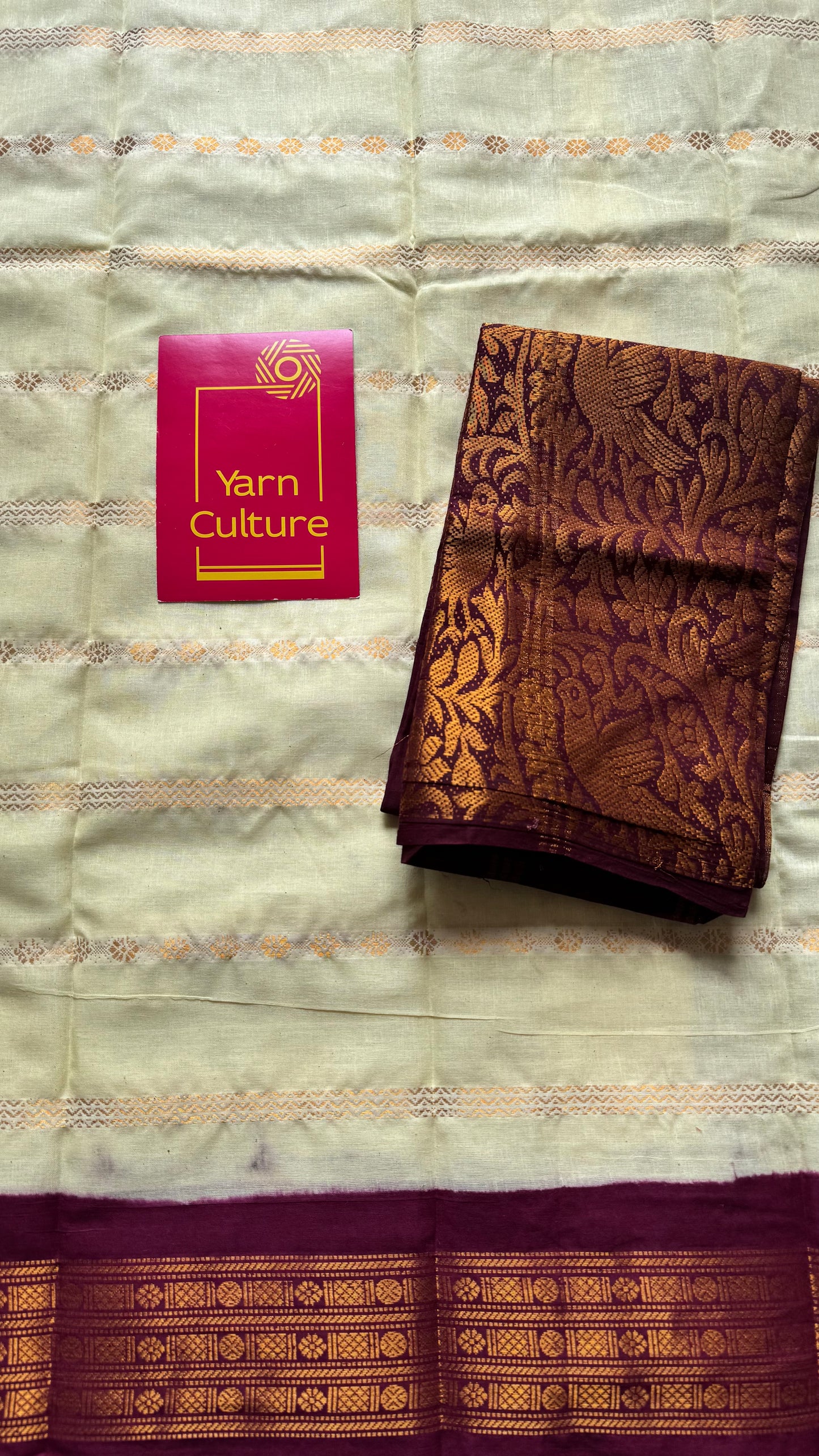 Custard yellow with maroon, motif striped sungudi, soft cotton - YCCOTNSSP02