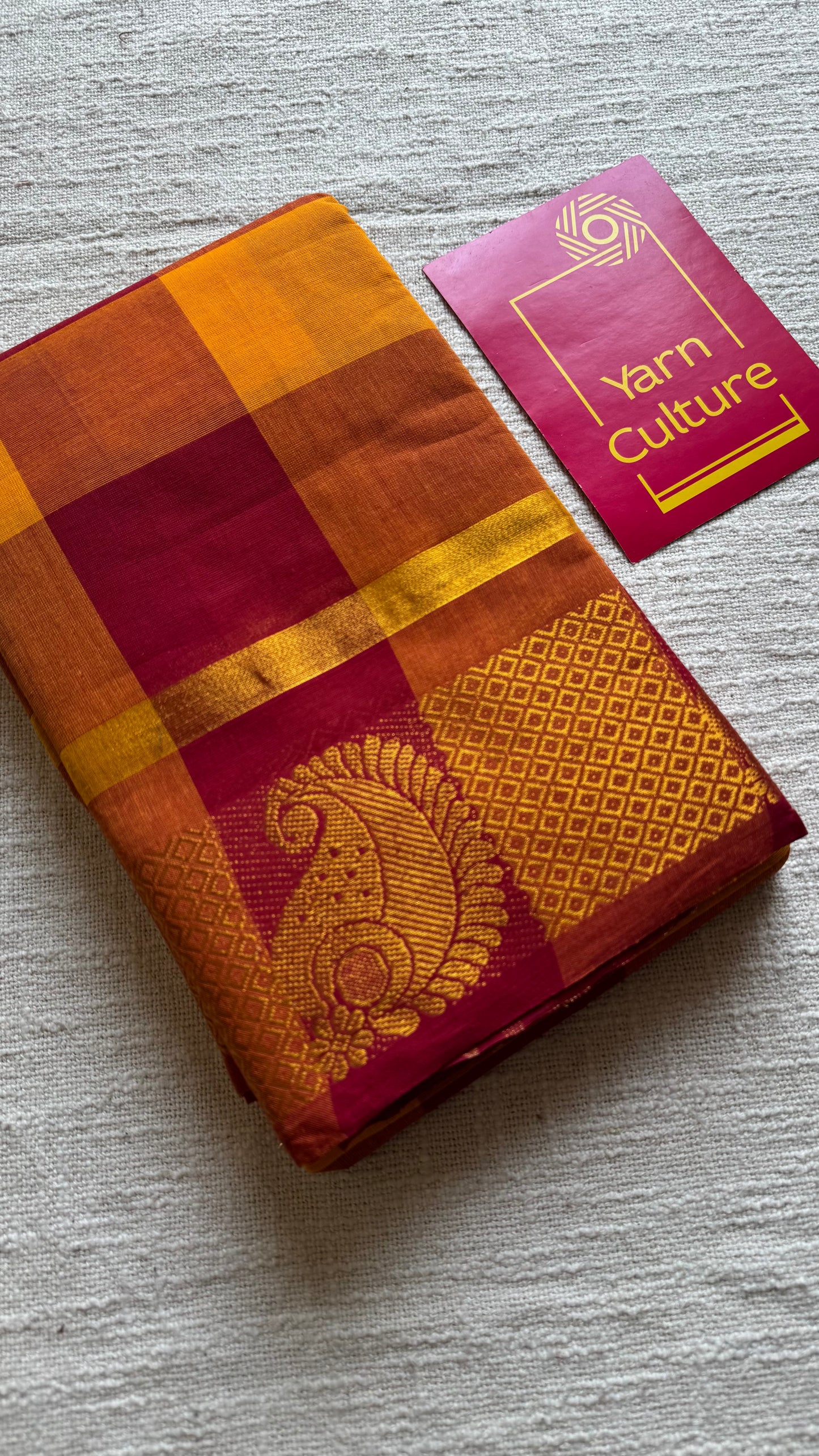 Chettinad cotton saree with yellow and red checks, paisley motif border - YCCOTNAP64