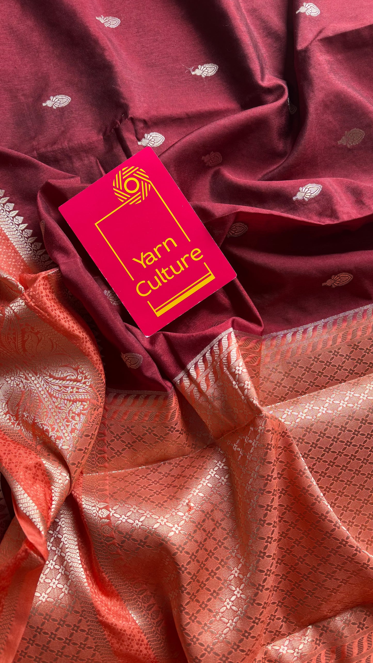 Maroon with peach border, Banarasi semi-silk - YCDESE02