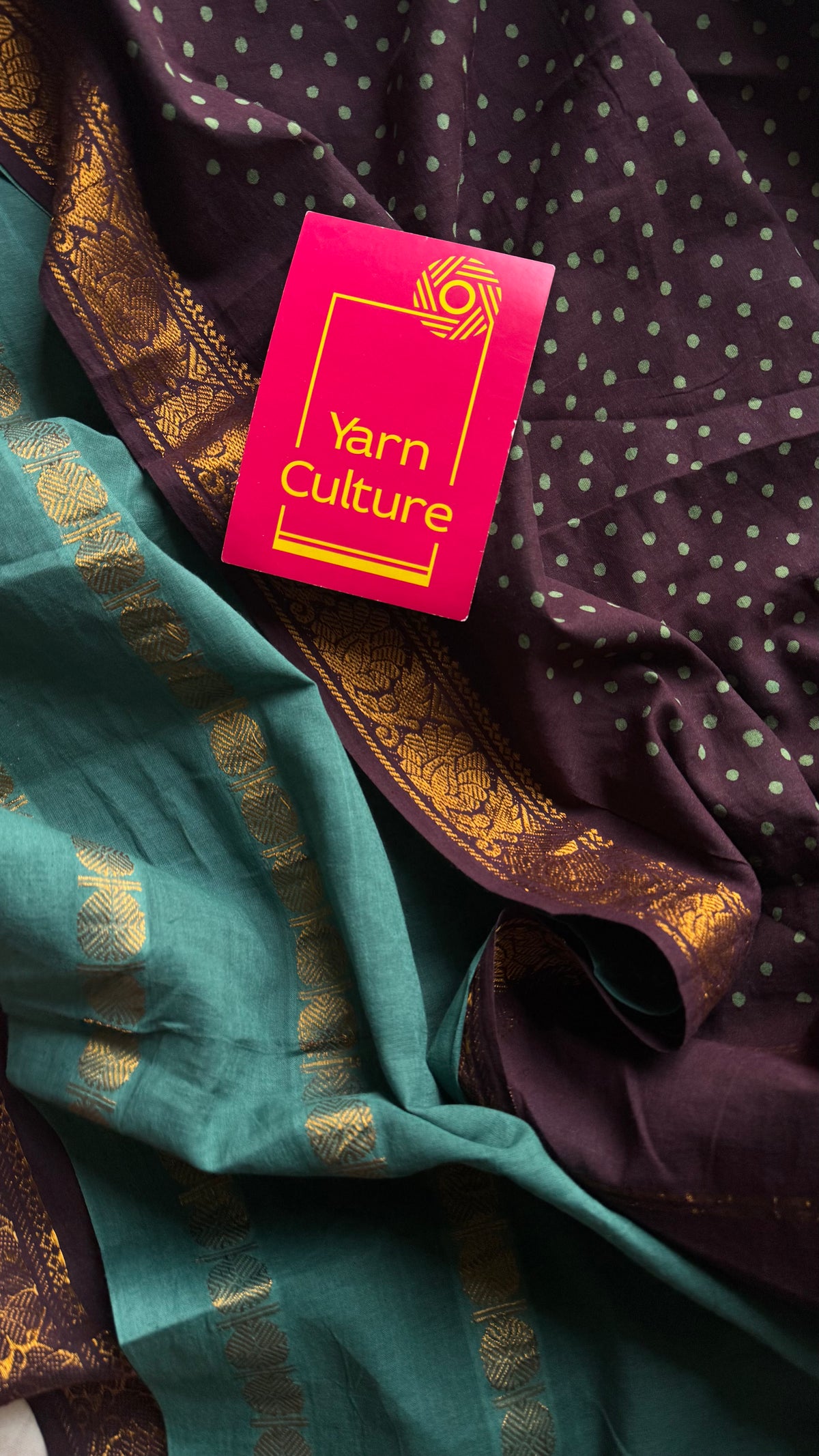 Brown with mint green, sungudi cotton half-half saree - YCCOTNIDOC16