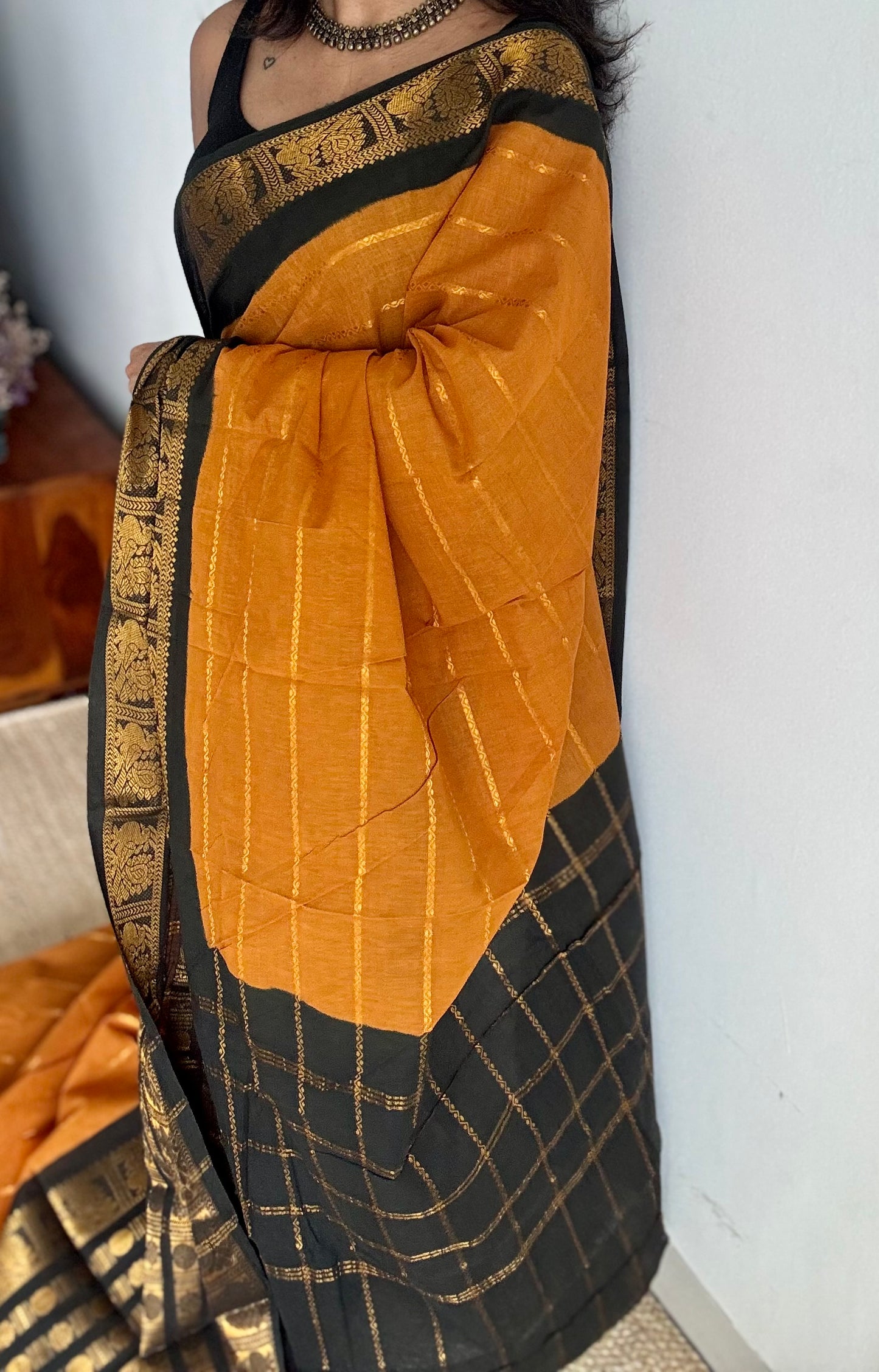 Turmeric yellow with black, peacock rudraksham motif, single side broad zari - madurai kattuchayam dyed - YCCOTNAUS27
