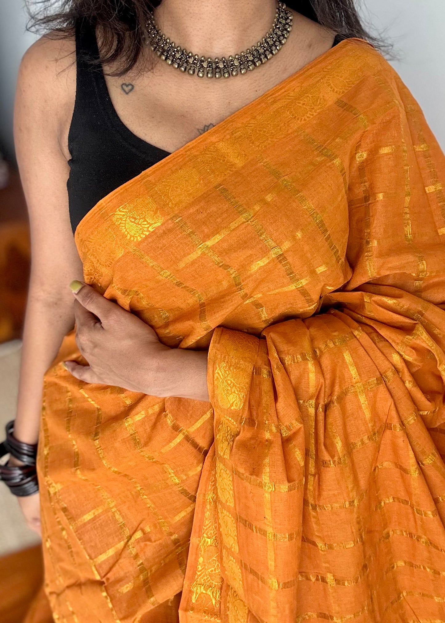 Turmeric yellow pavithra kattam sungudi, madurai cotton - YCCOTNSEMS97