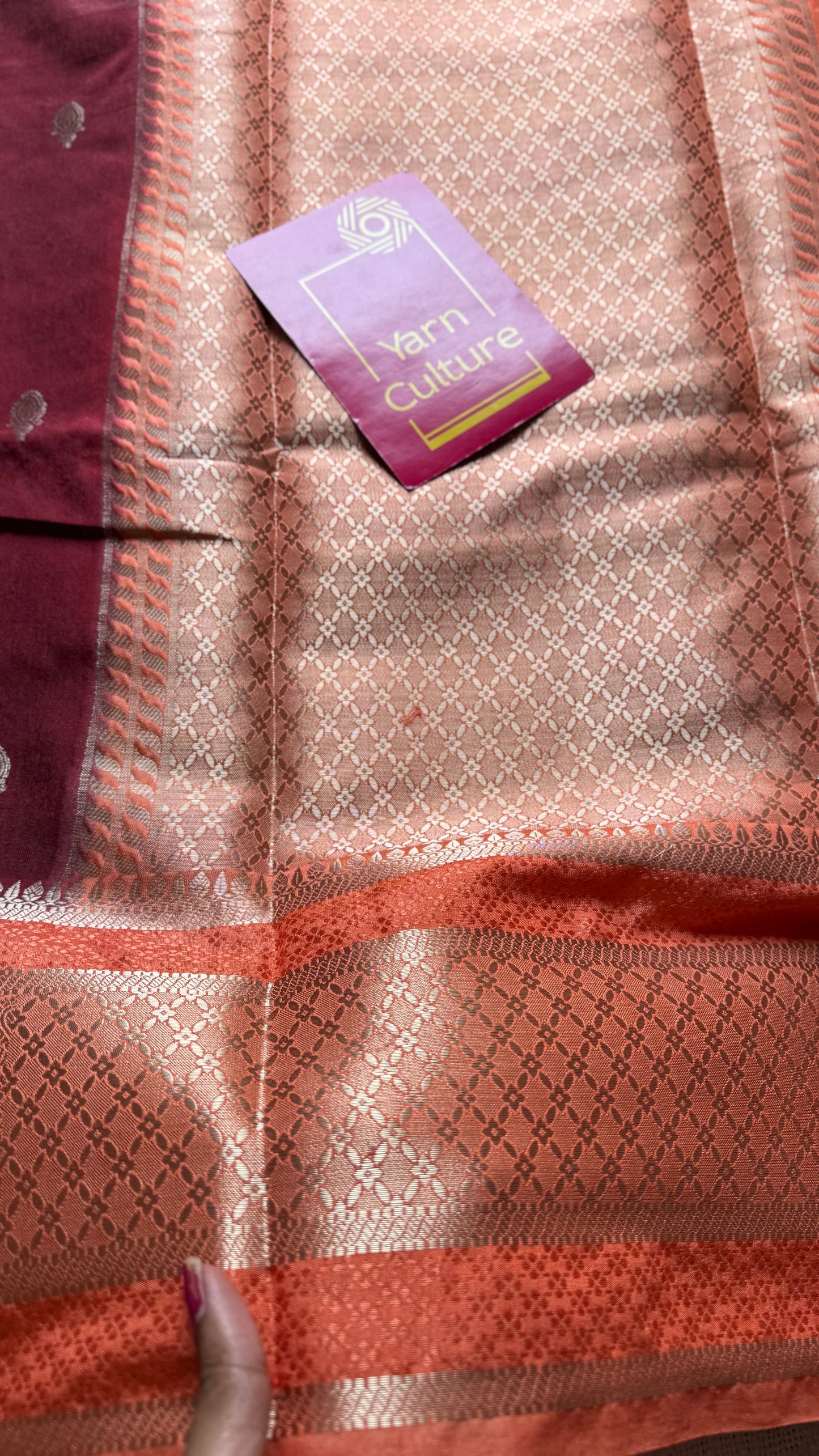 Maroon with peach border, Banarasi semi-silk - YCDESE02