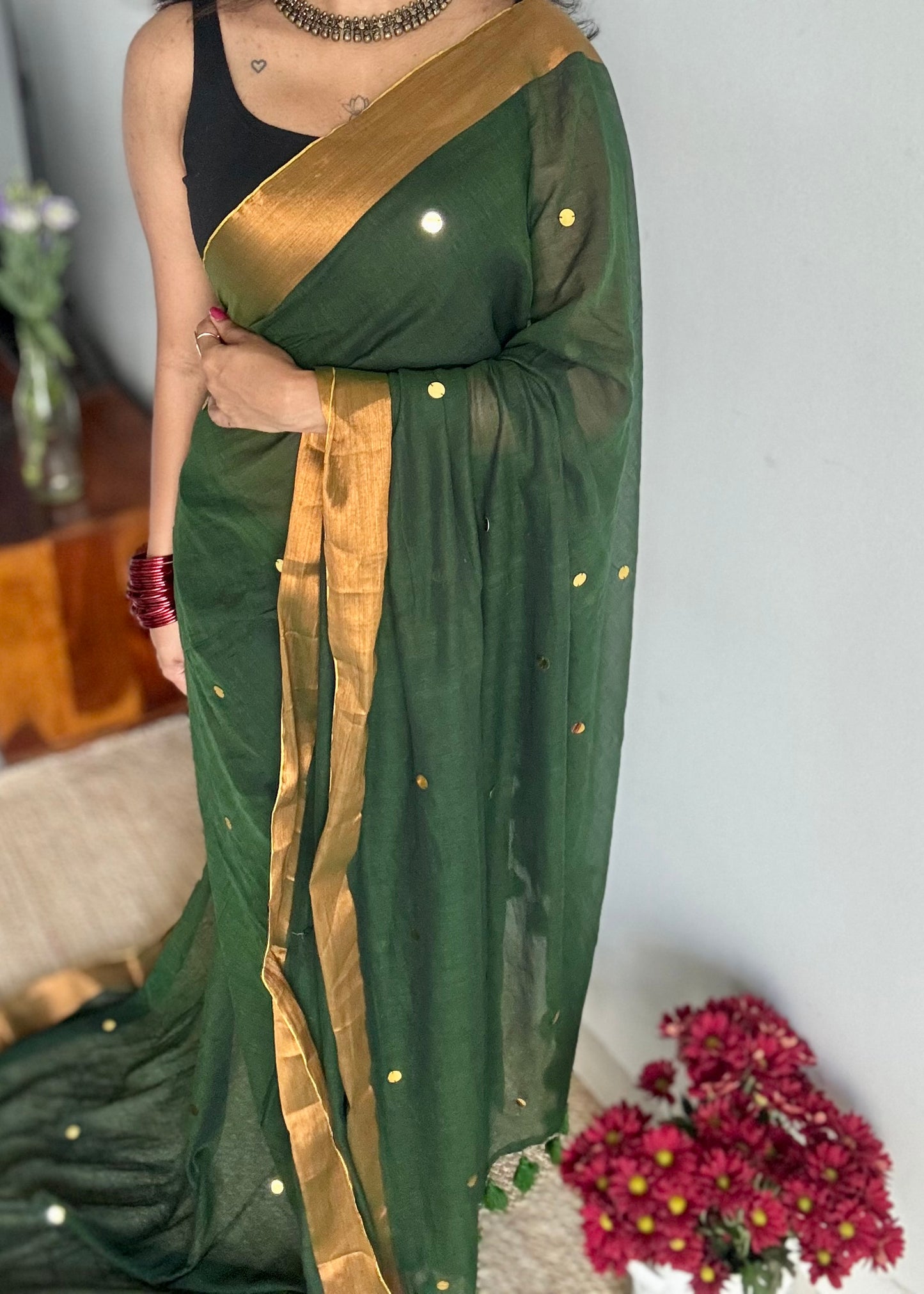 Dark green mul with sequins and copper zari border - YCBCMCLSE08