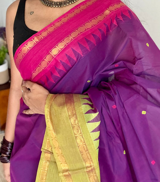 Kanchi cotton saree, purple with hot pink and lime green dual border - YCCOTNAP98