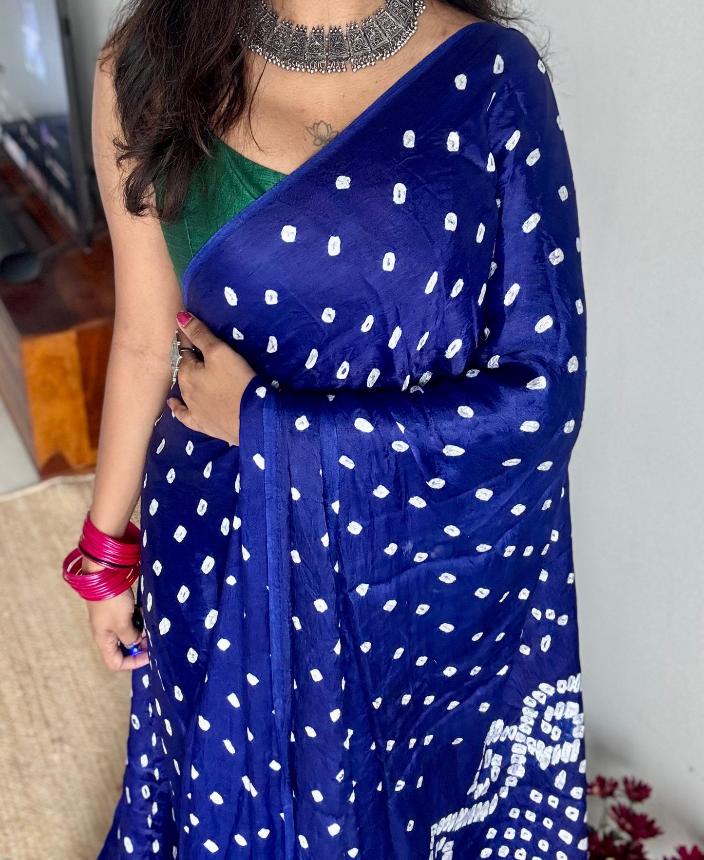 Royal blue crushed bandhani modal silk with lagdi patta (zari pallu) - YCDESE27