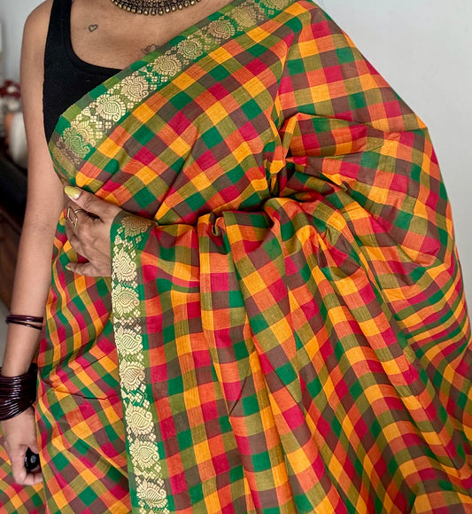 Multicolour Chettinad cotton saree with Paalum Pazhamum checks (green, orange, yellow, brown)- YCCOTNJUCC02