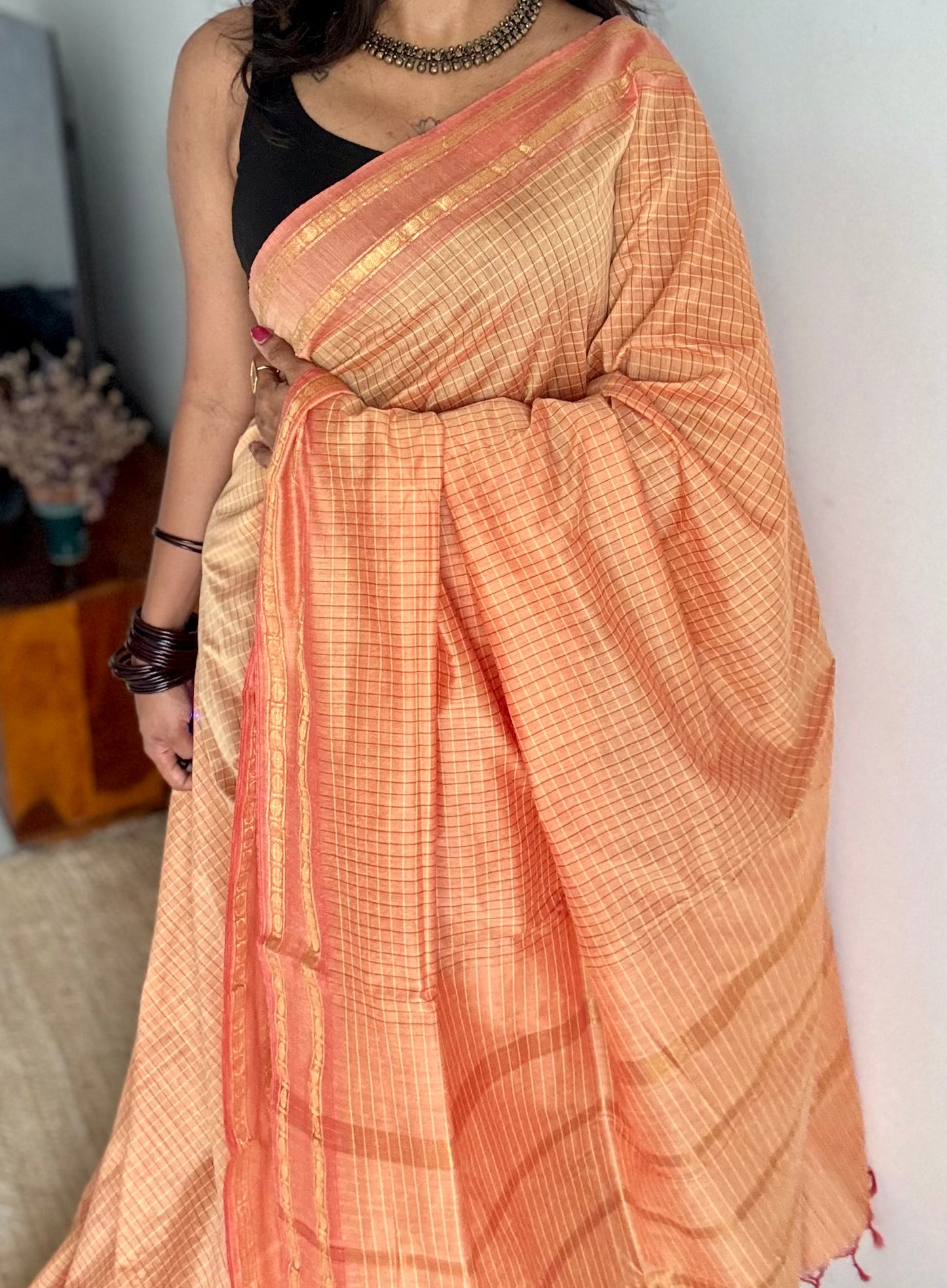 Salmon peach, arani checks, cotton silk - YCCOTNOCAR10