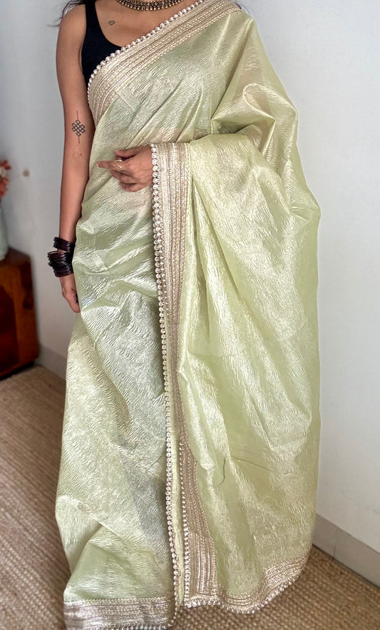 Pastel pista green crushed Banarasi tissue saree, with pearl lace border - YCBLTOC64