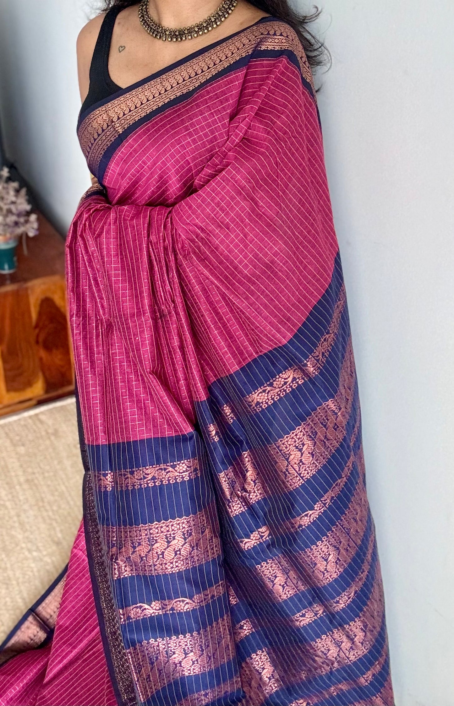 Dark pink with dark blue, checks - cotton silk - YCCOTNSEKCS12