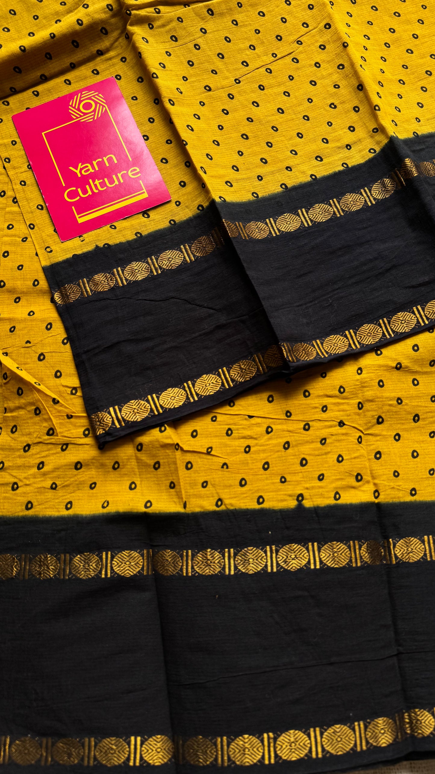 Yellow with black, sungudi motif and rudraksham border, madurai soft cotton - YCCOTNAUSC02