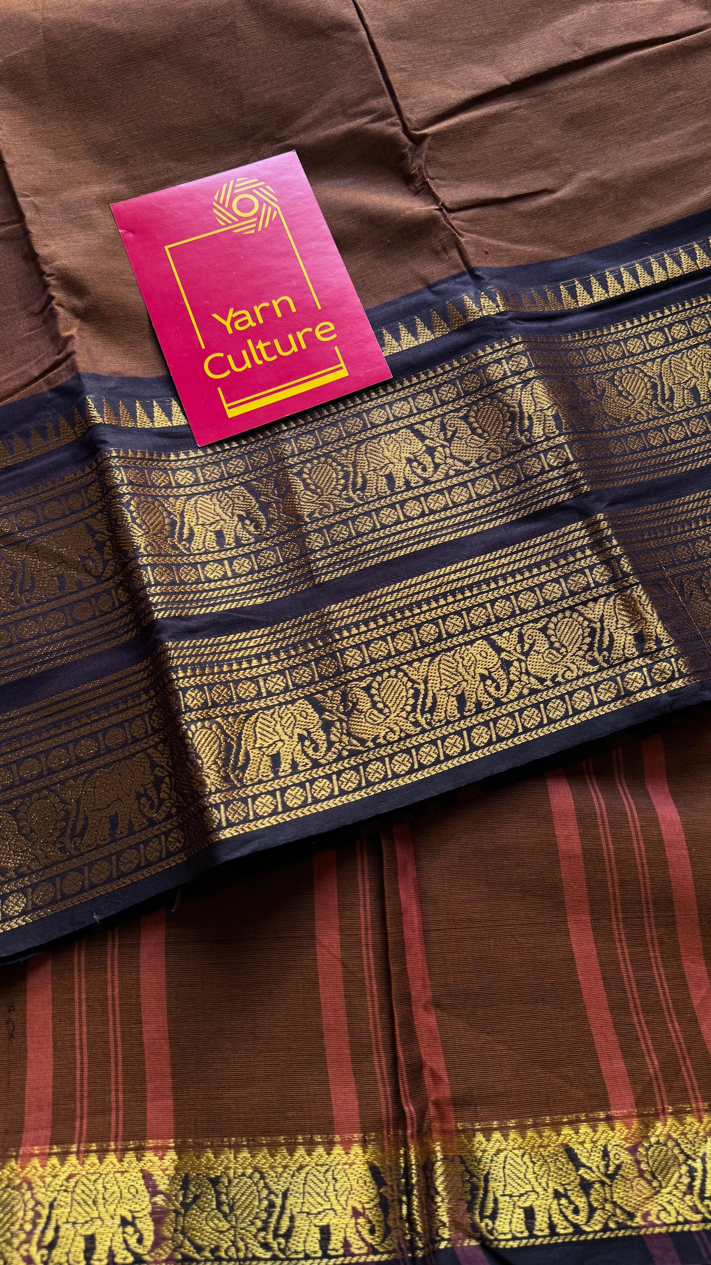 Brown with dark blue contrast, wide zari border, kanchi cotton - YCCOTNKCJA211