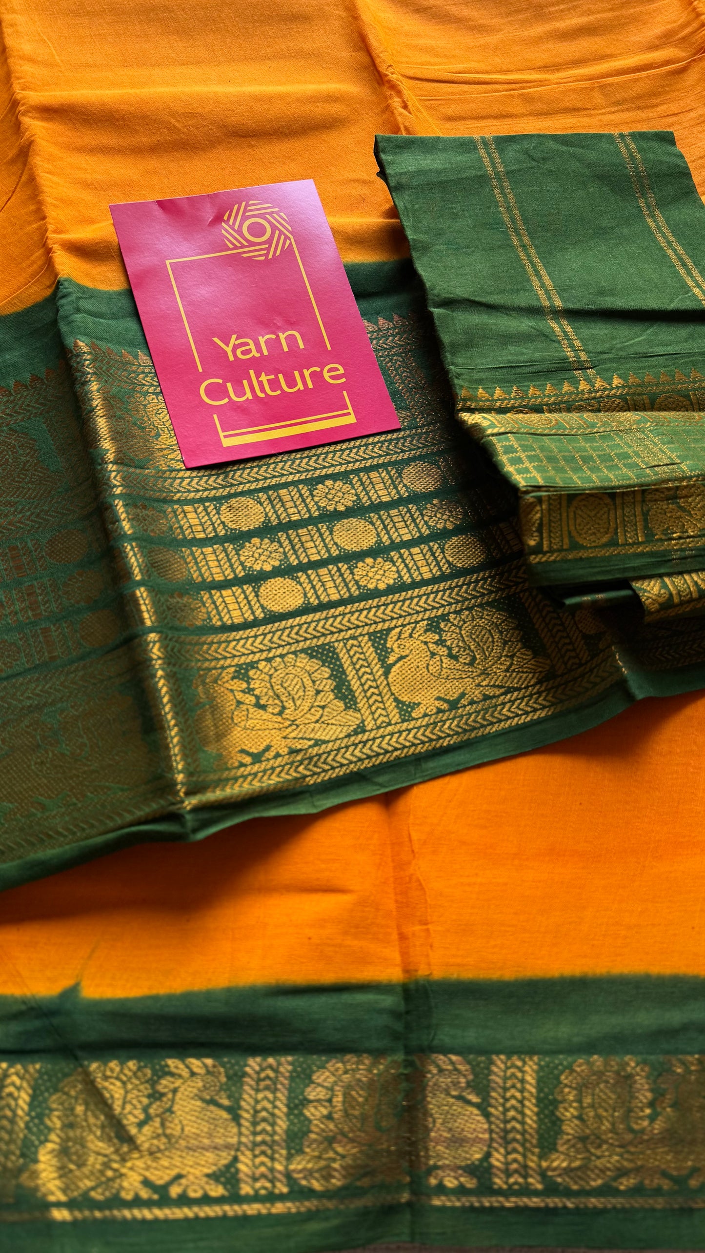 Mango yellow with green border, sungudi, madurai soft cotton - YCCOTNSUJA01