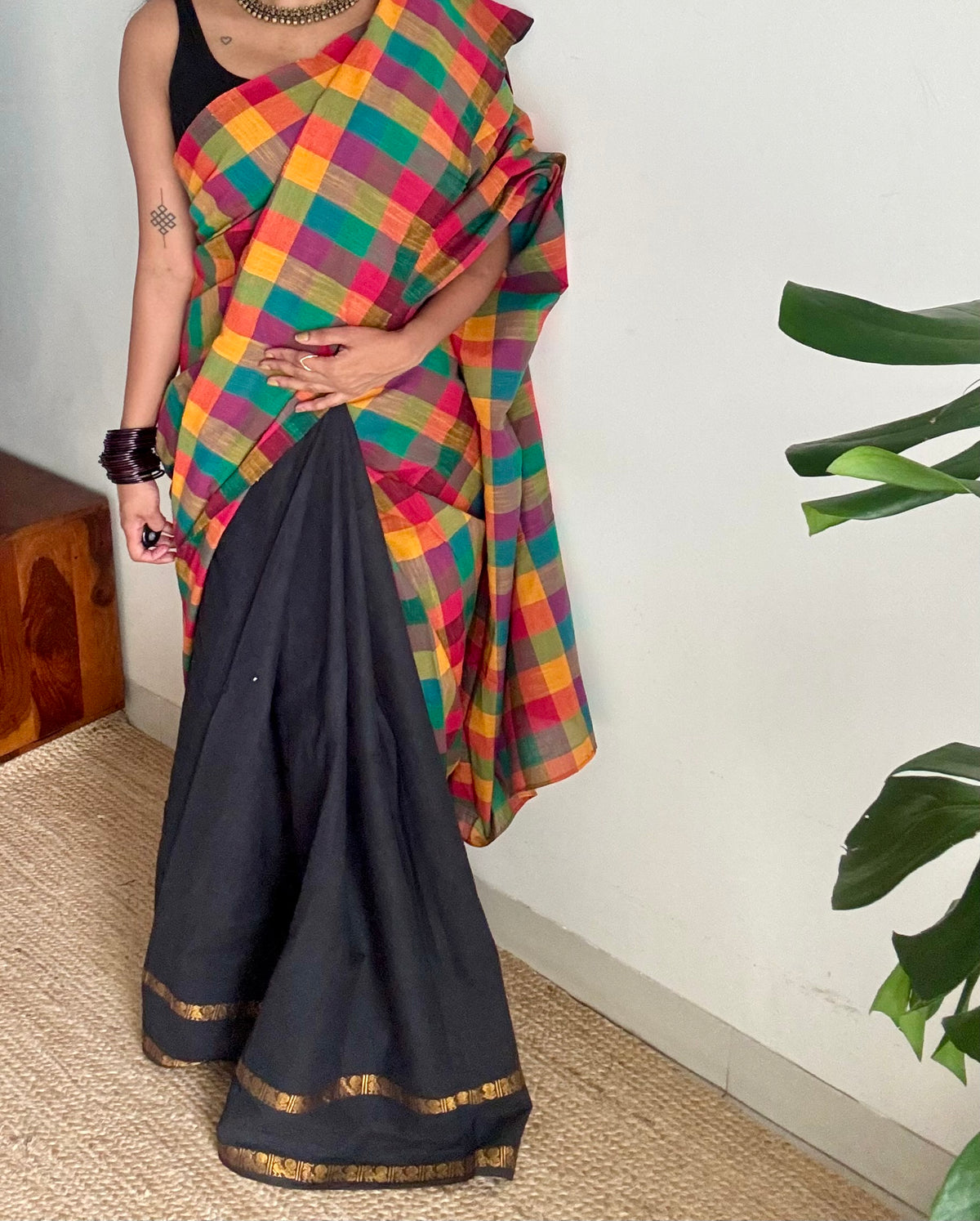Plain black with multicoloured checks, cotton half-half saree - YCCOTNIDOC43