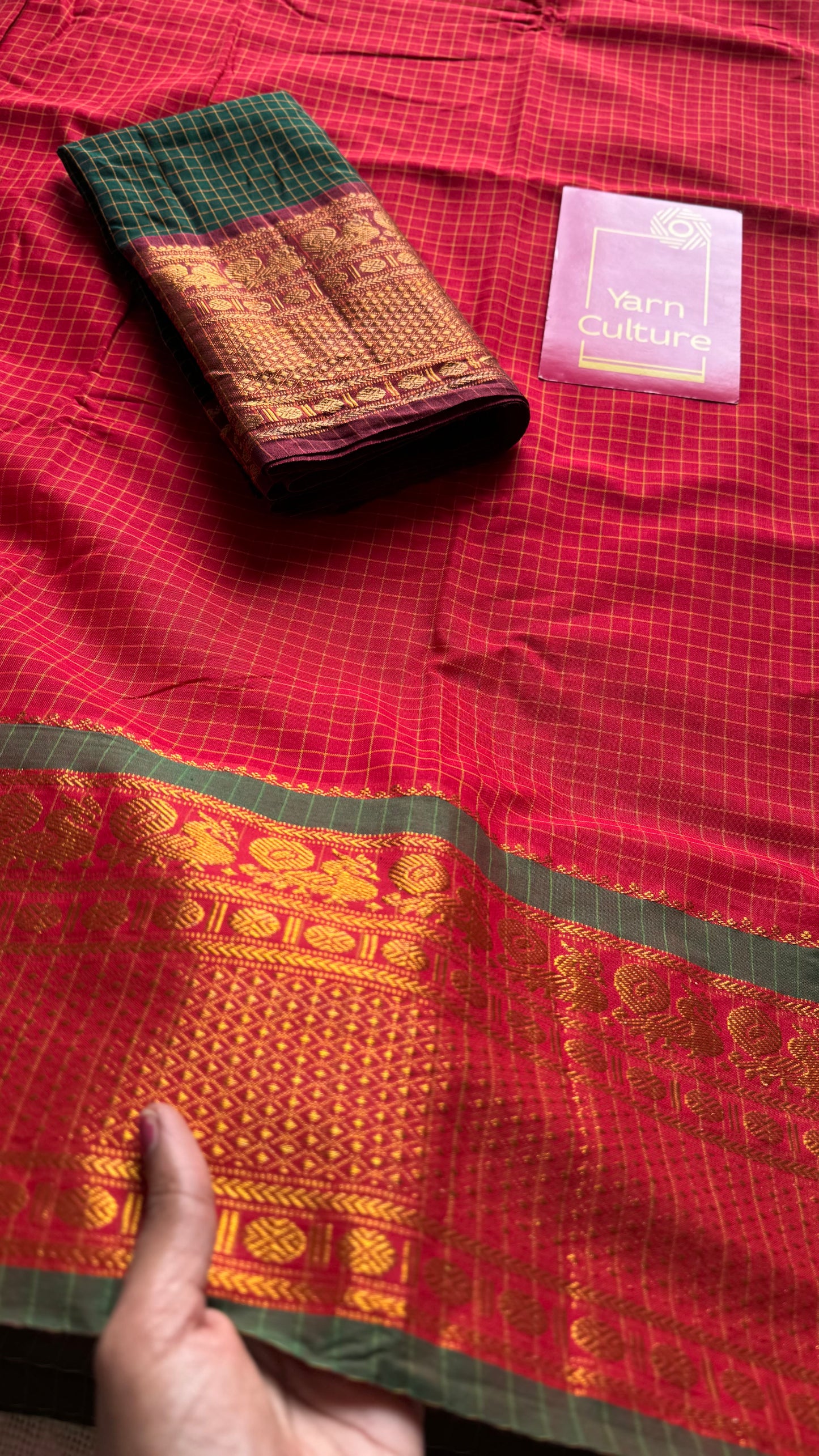 Red checks with zari border, premium narayanpet, soft cotton - YCWOTDFEBB11