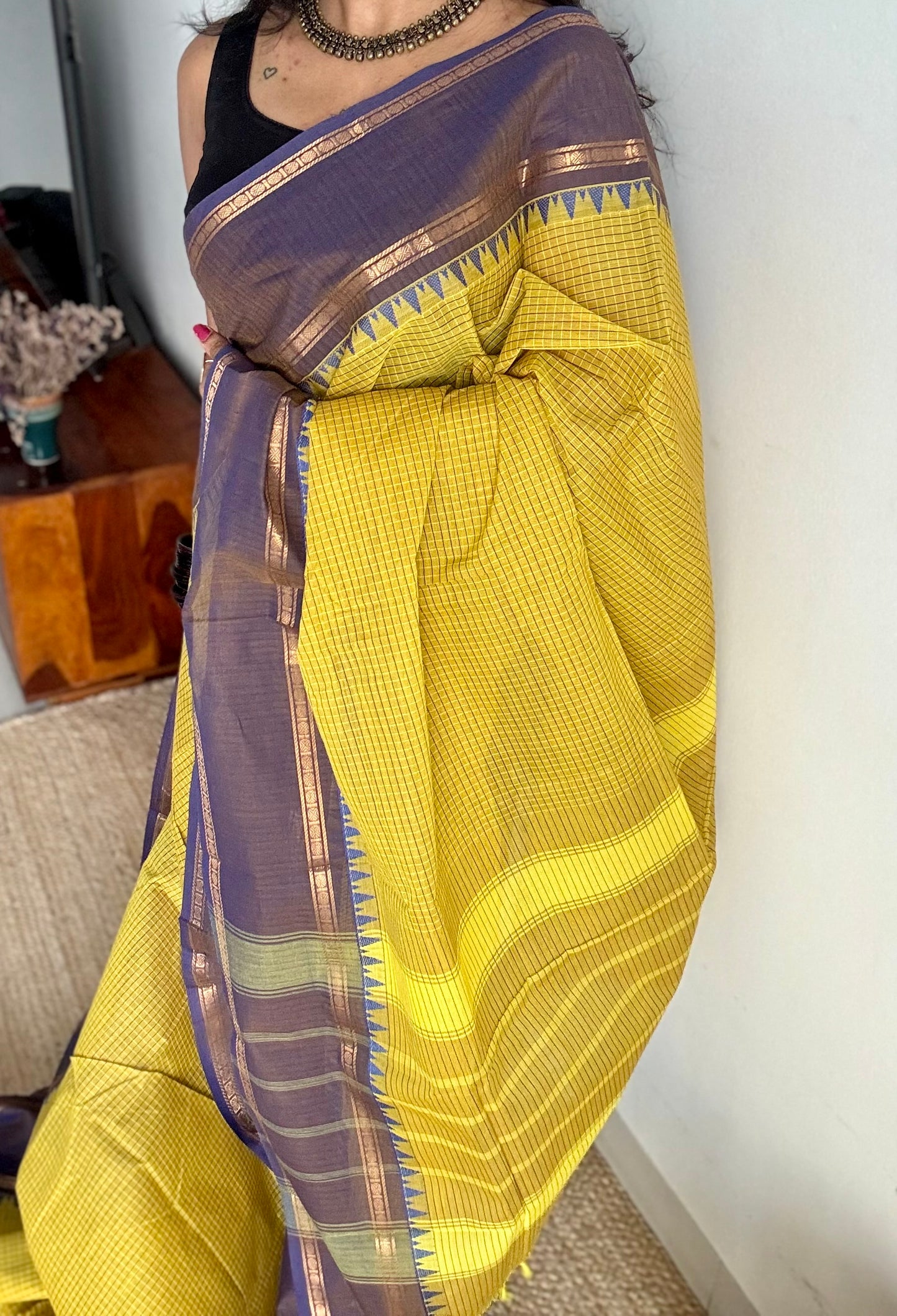 Ginger green with deep purple border, temple motifs, checkered body, kanchi cotton - YCCOTNOCKC28