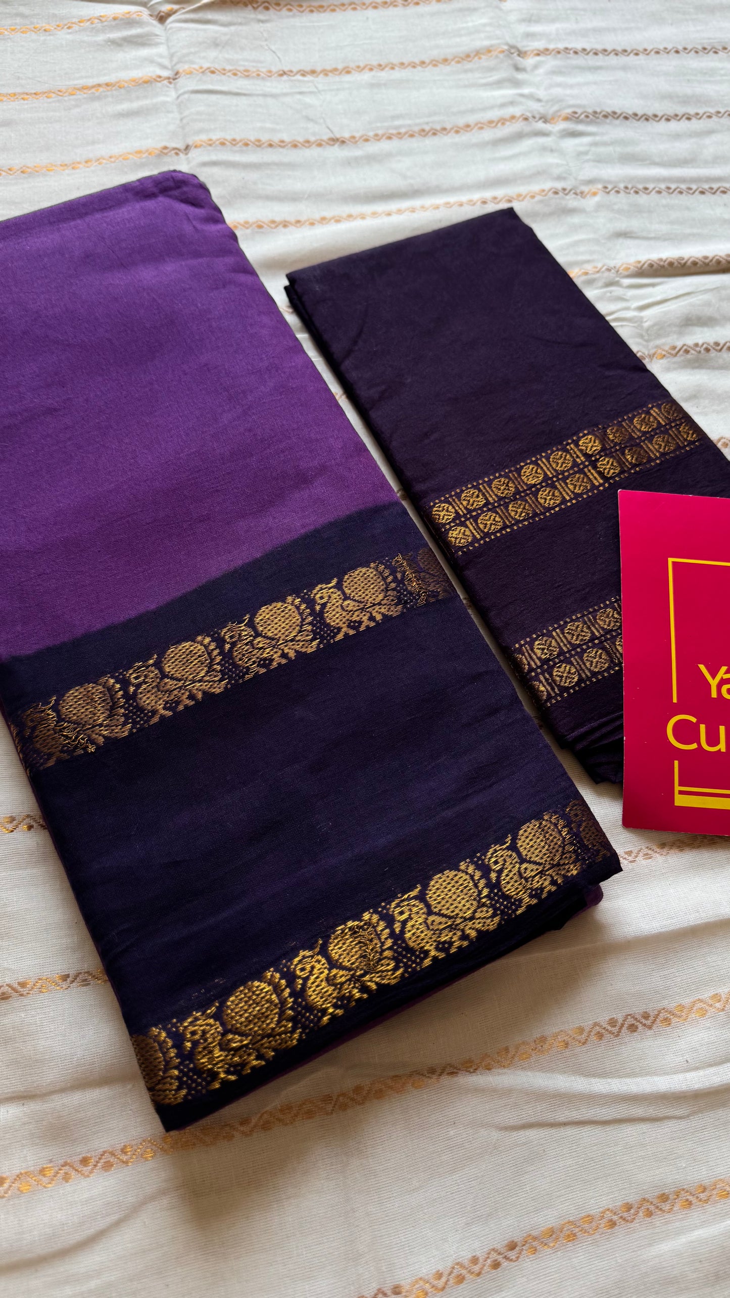 Purple with dark blue rettaipettu peacock double border, madurai soft cotton - YCCOTNMSAP204