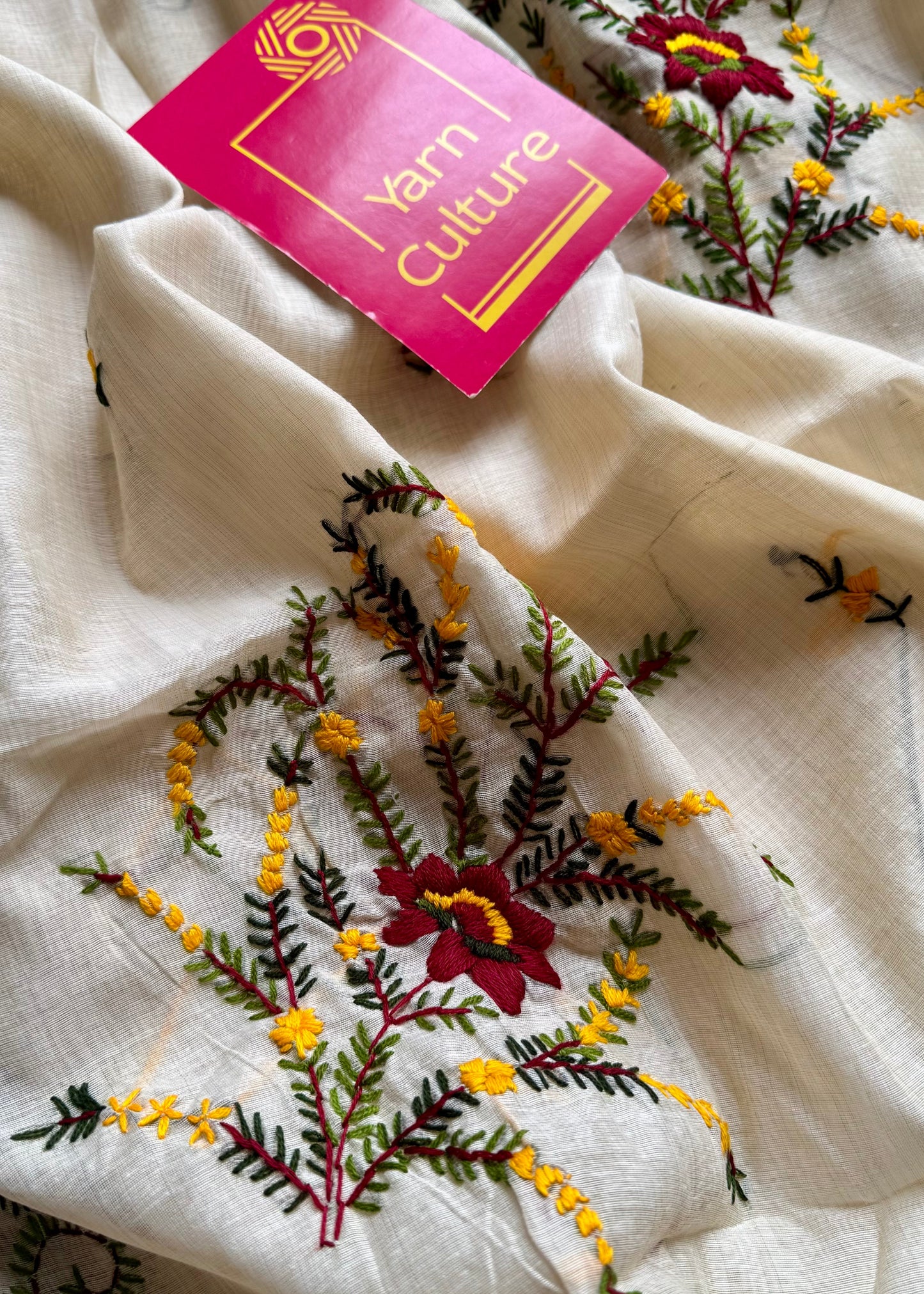 Ivory maheshwari cotton silk blend with maroon and yellow floral kantha threadwork - YCBLAUMK13