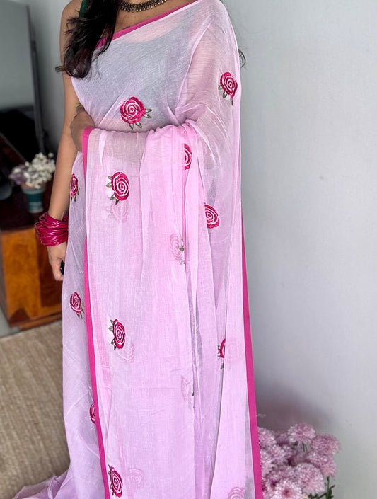 Pink mul with dark pink rose thread embroidery - YCBCMCNO73