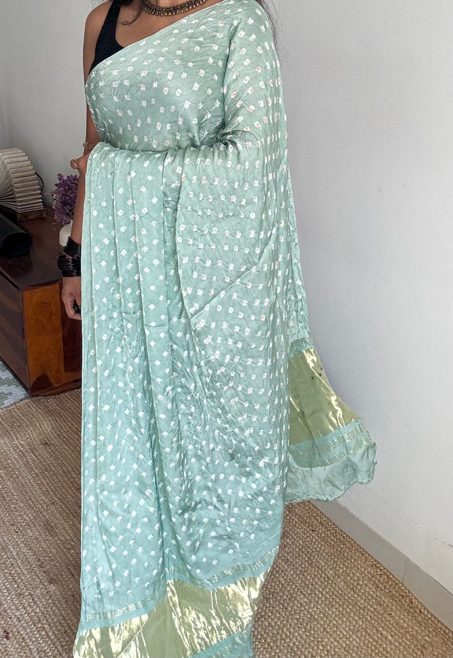 Pastel mint blue, crushed bandhej pure modal silk saree with lagdi patta zari pallu - YCTOKBM333