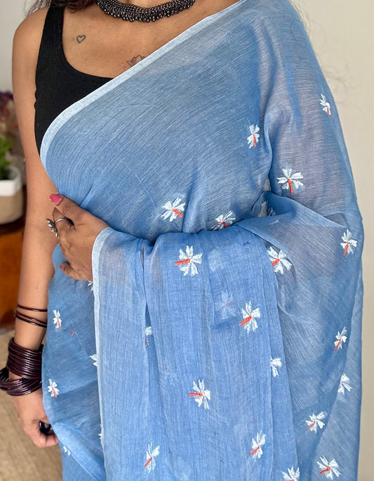 Soft blue parijat mul cotton saree - YCBCMCAP30