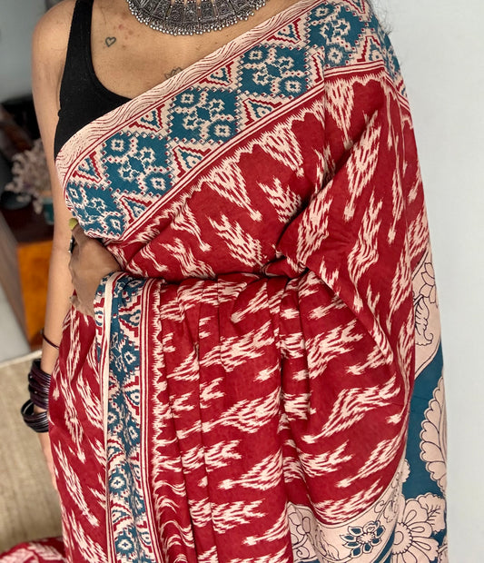 Red with teal kalamkari, ikat motifs, soft cotton - YCWOTDOCMP81
