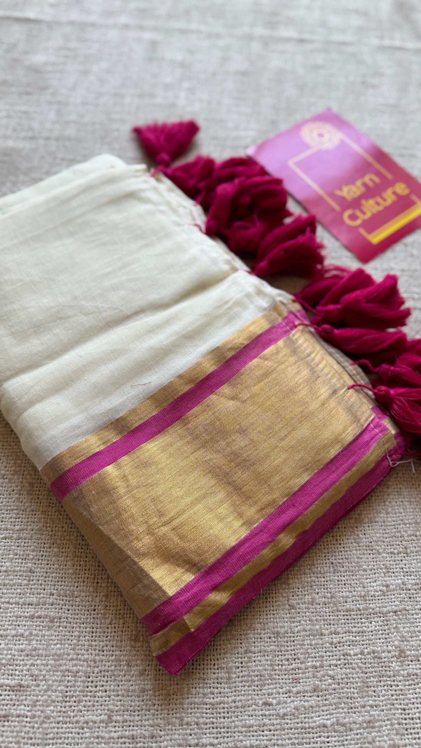 Ivory mul saree with gold zari border with hot pink highlights - YCIEBCFE326