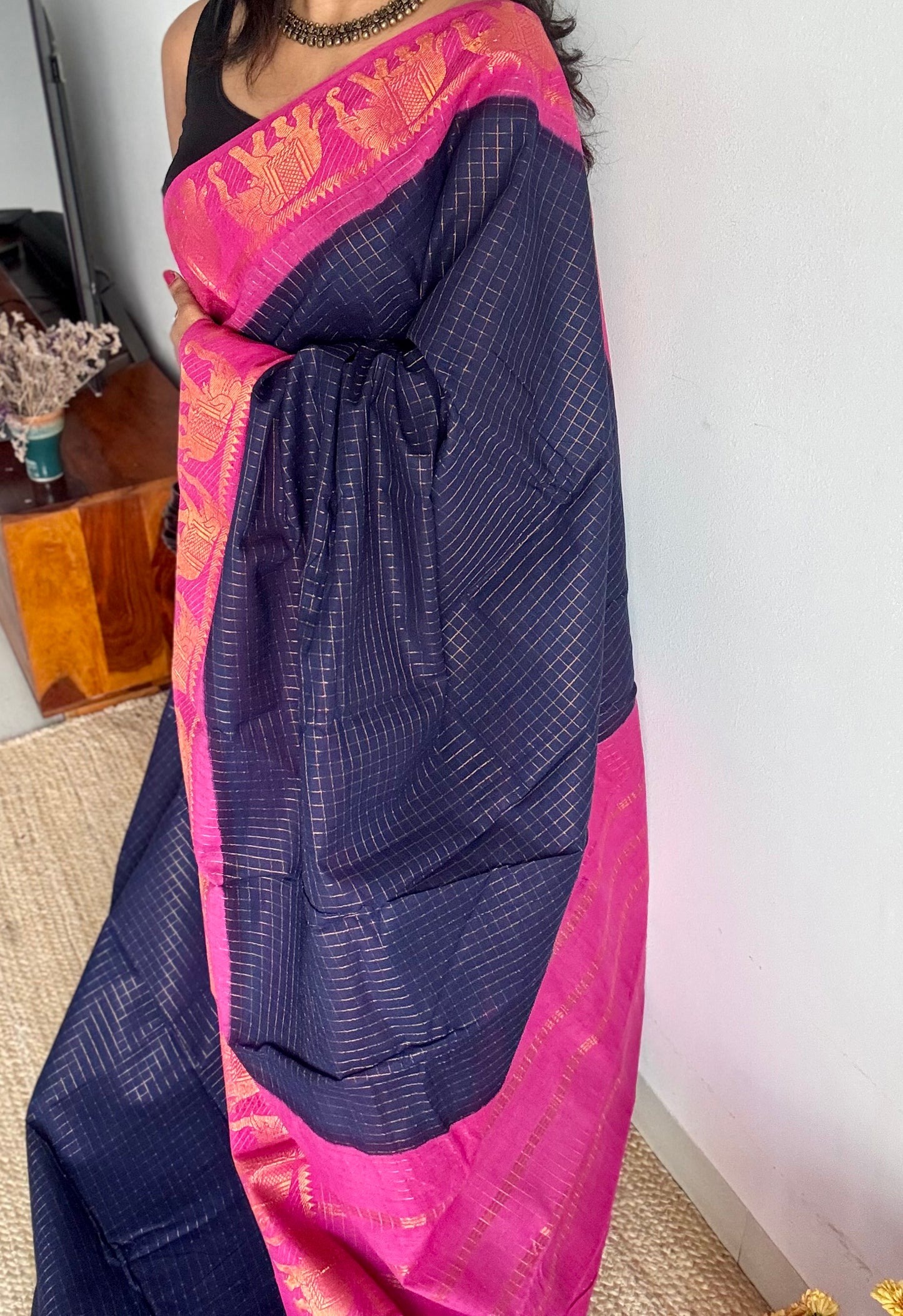Dark blue with pink checkered sungudi, madurai cotton - YCCOTNOCSC20
