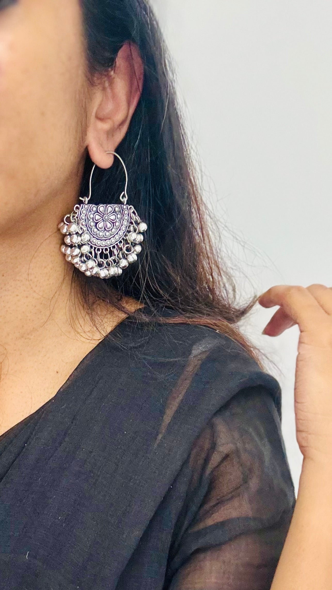 Oxidised silver, gungroo dangler earring - YCOSED305