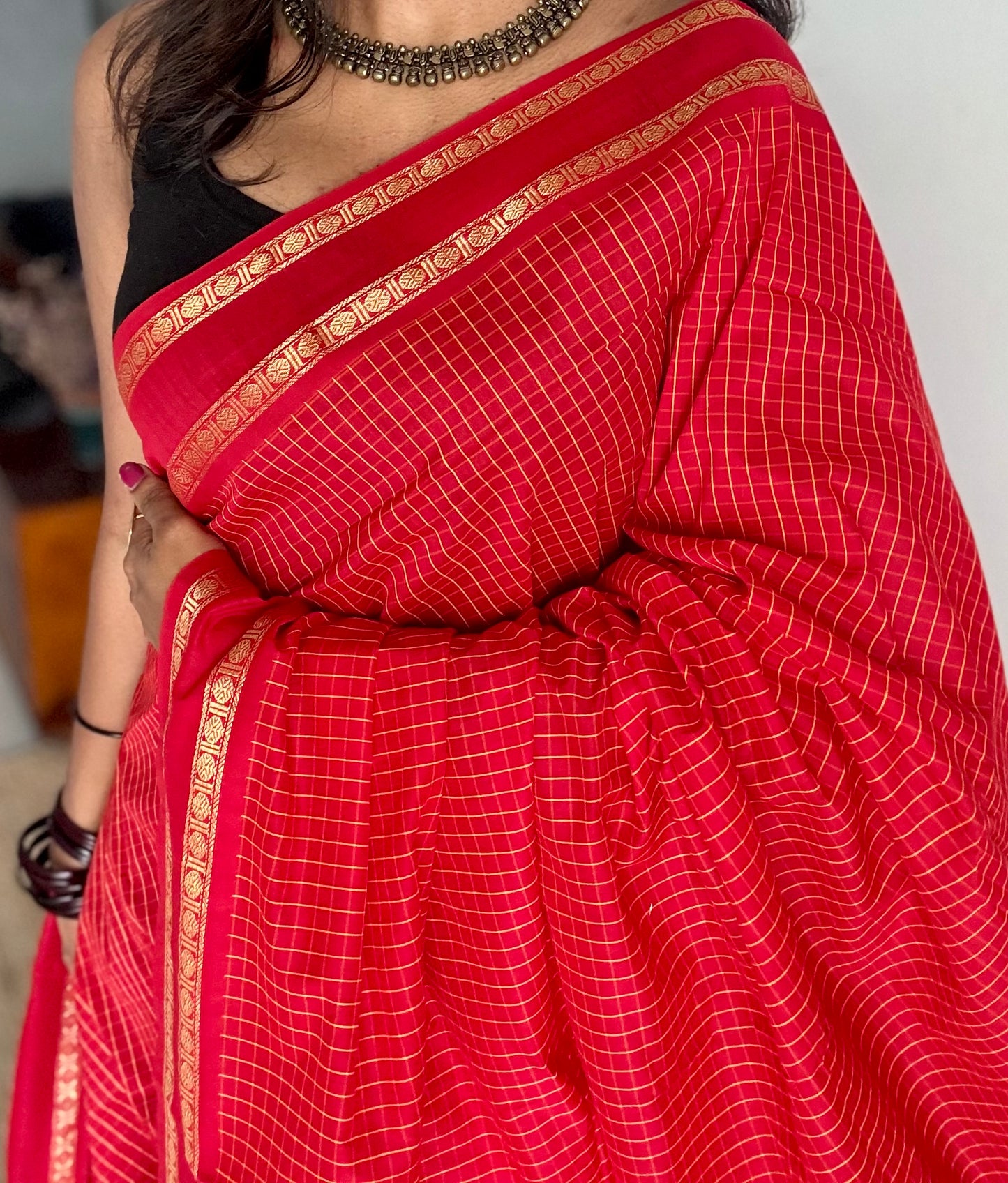 Red, arani checks, cotton silk - YCCOTNOCAR06