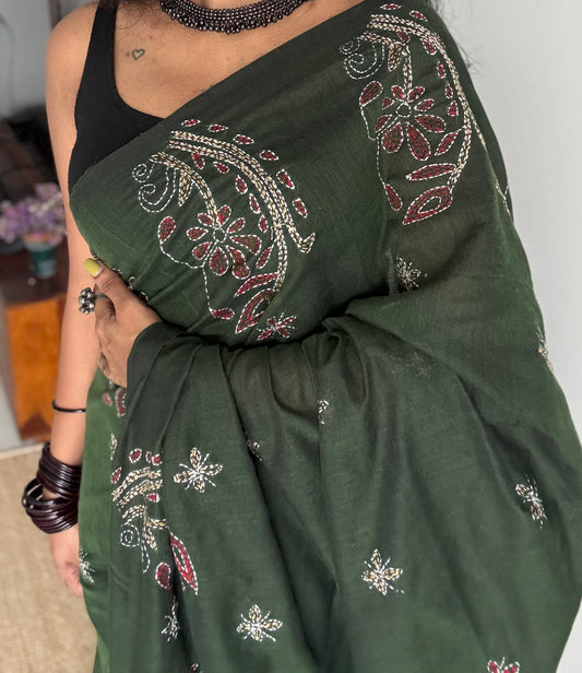 Embroidered green kantha weave in soft cotton - YCBCKKJA145