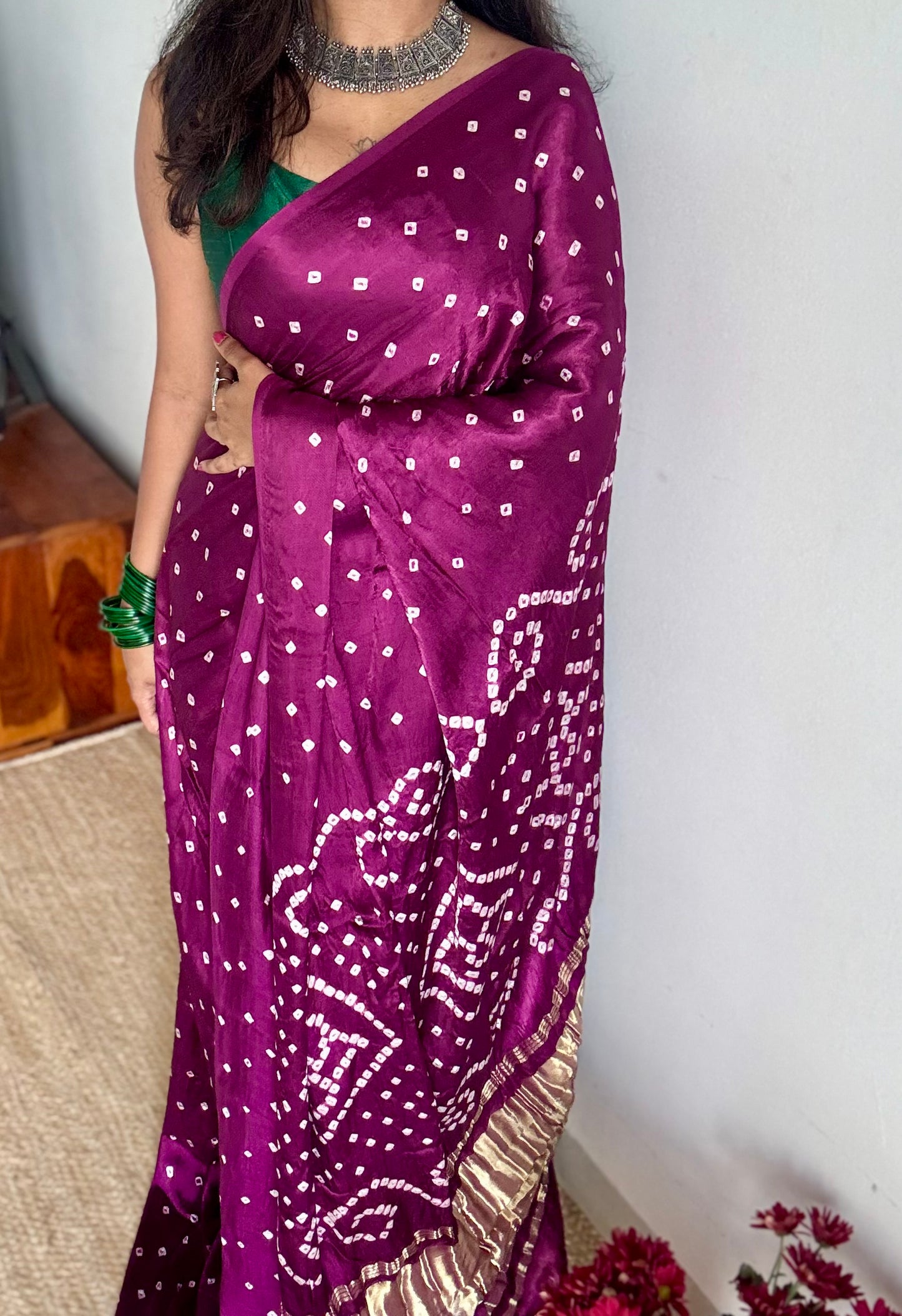 Wine crushed bandhani modal silk with lagdi patta (zari pallu) - YCDESE29