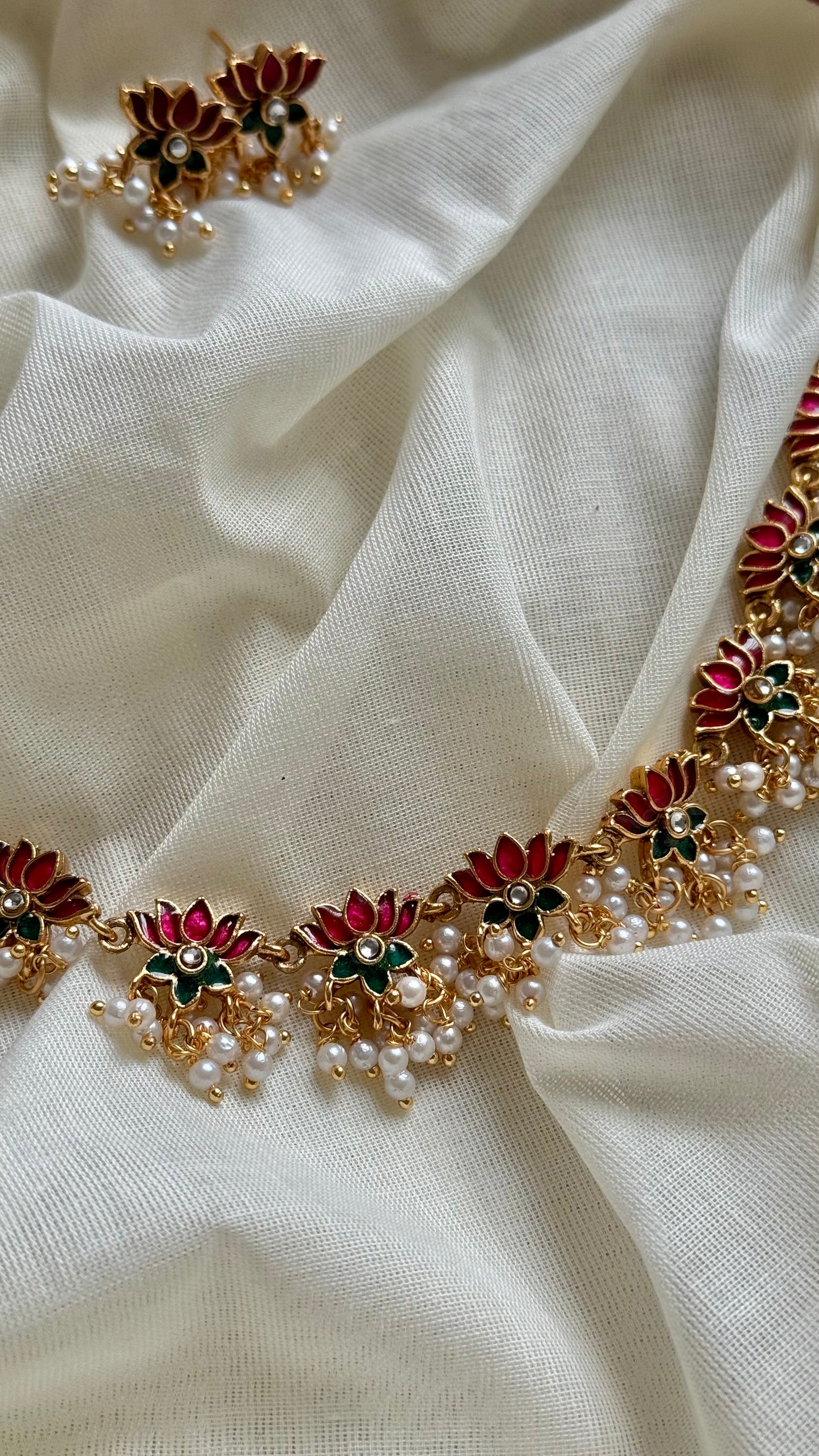 Pink and green lotus with pearl drops and earrings - YCAGC113