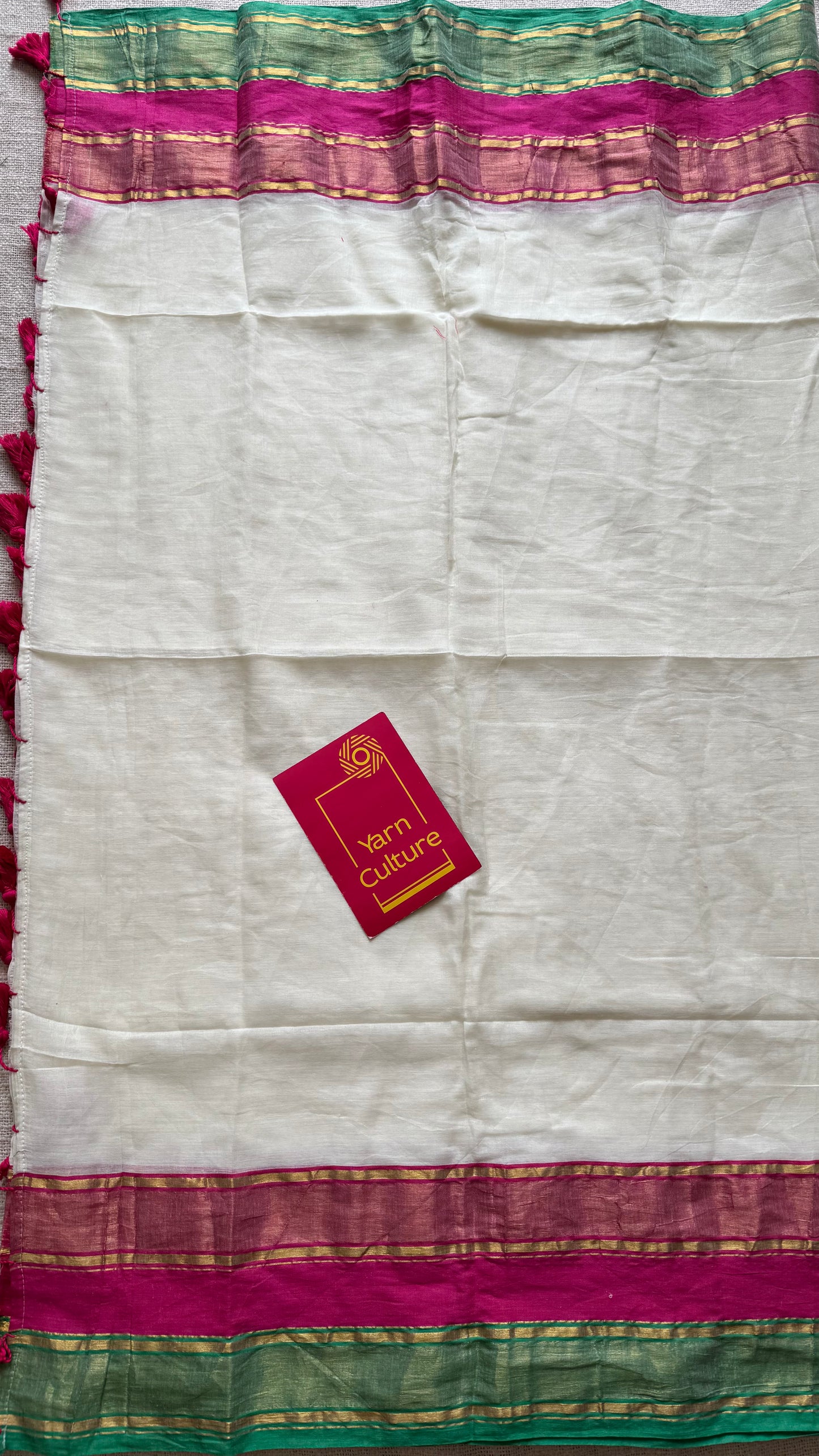 White mul with hot pink, green zari plain border - YCBCMCLSE50