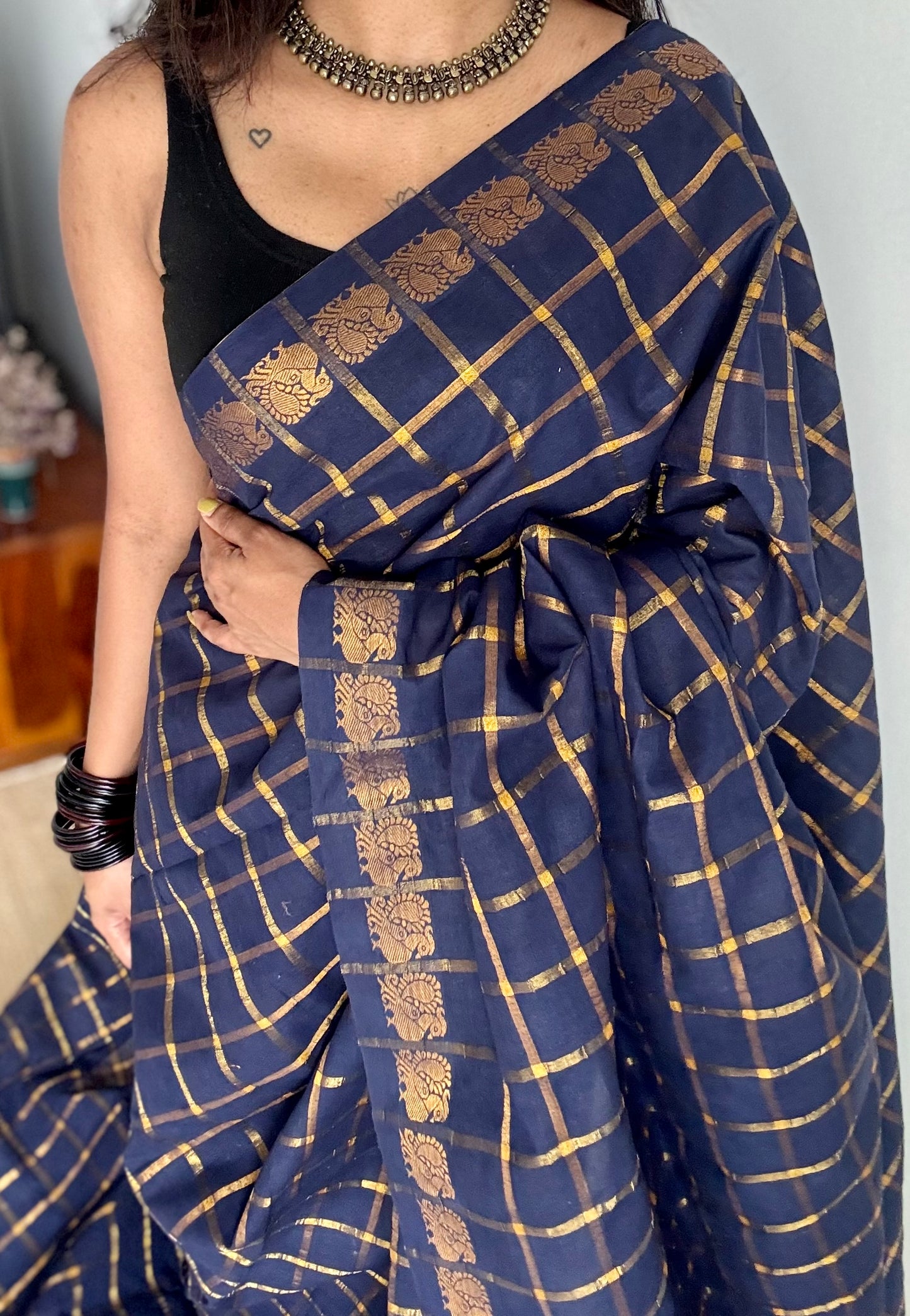 Navy blue pavithra kattam sungudi, madurai cotton - YCCOTNSEMS05