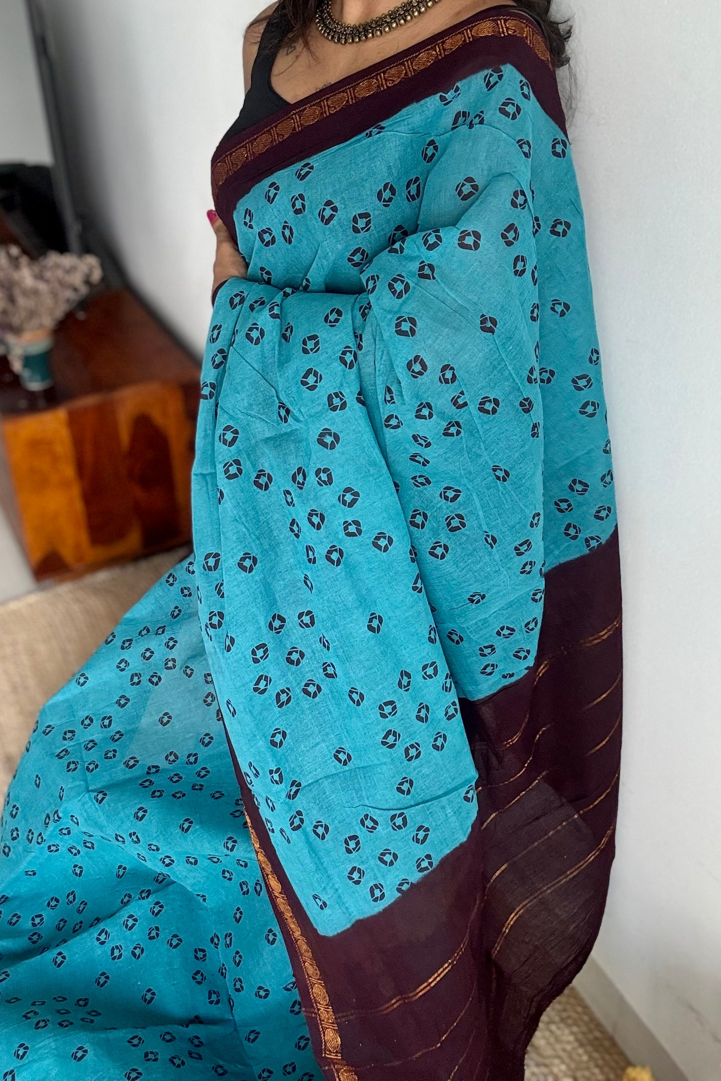 Blue with brown, printed sungudi, madurai cotton - YCCOTNOCSC16