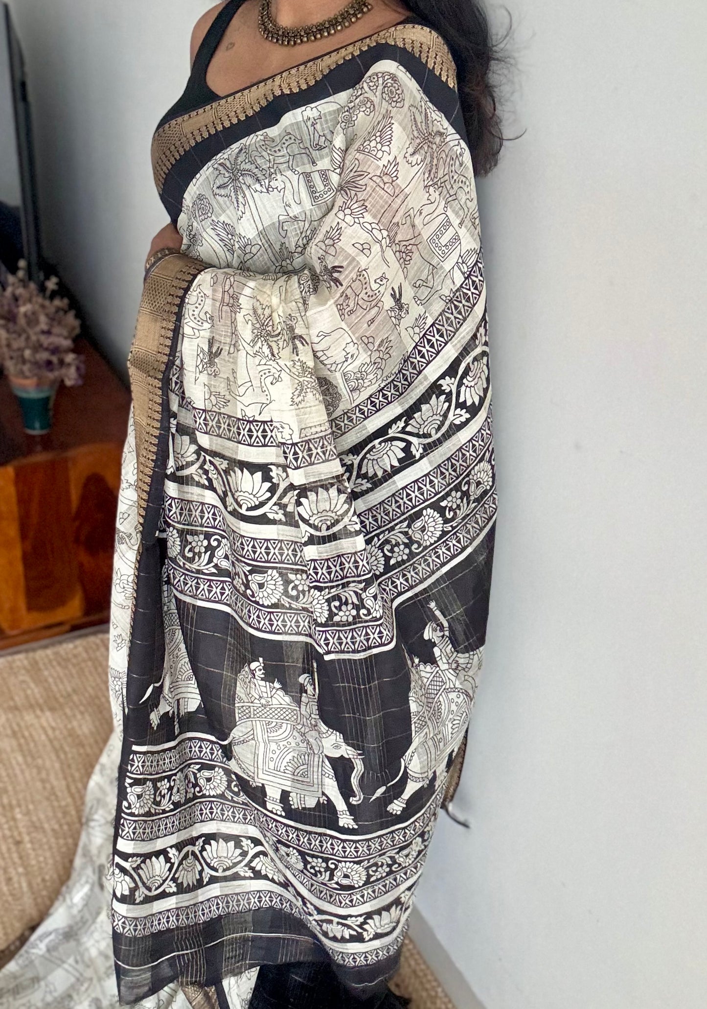 Off white and black, printed kalamkari, semi-tussar - YCWOTDSTK09