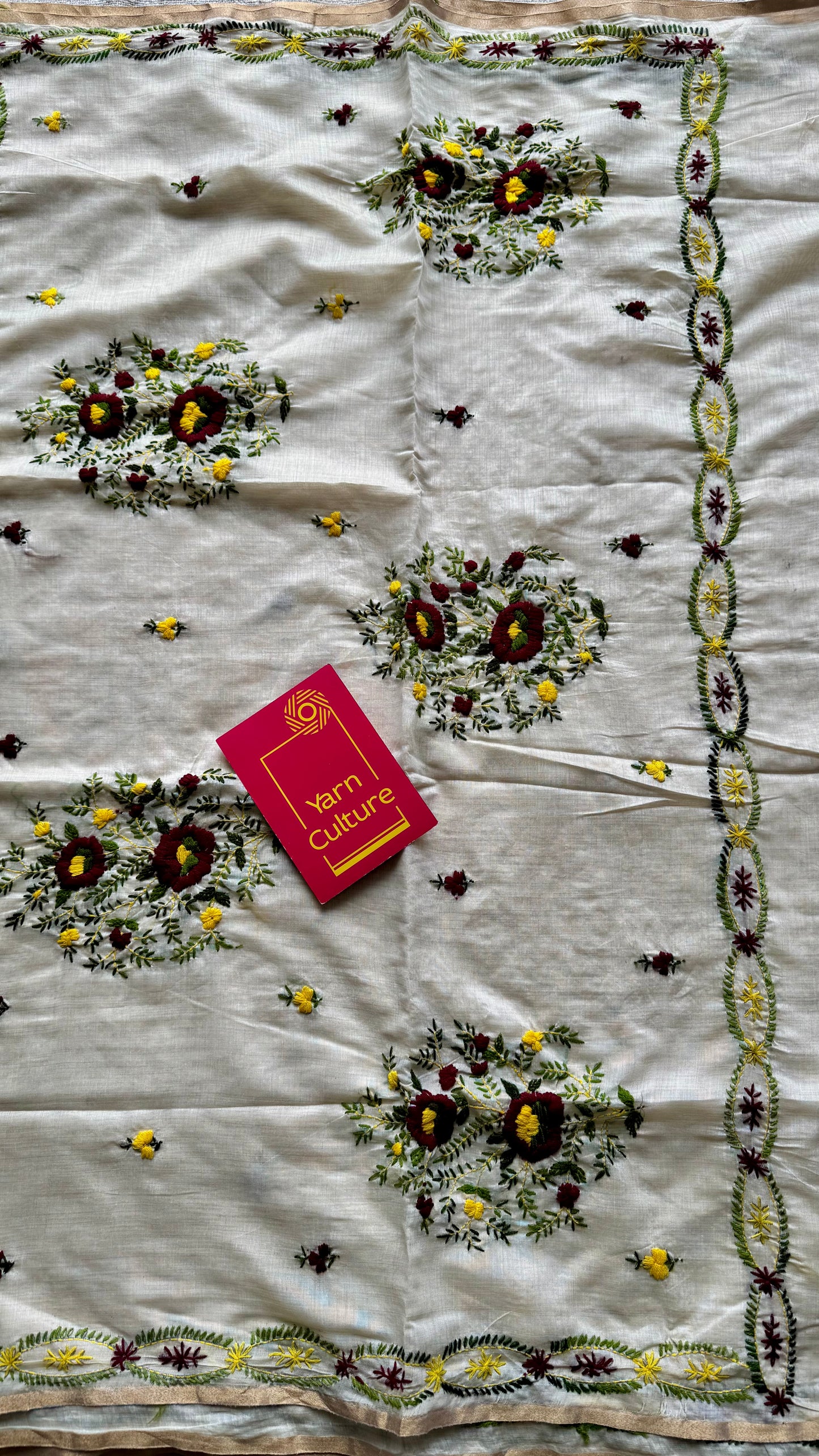 Ivory maheshwari cotton silk blend with deep maroon and light yellow floral kantha threadwork - YCBLJULMK06
