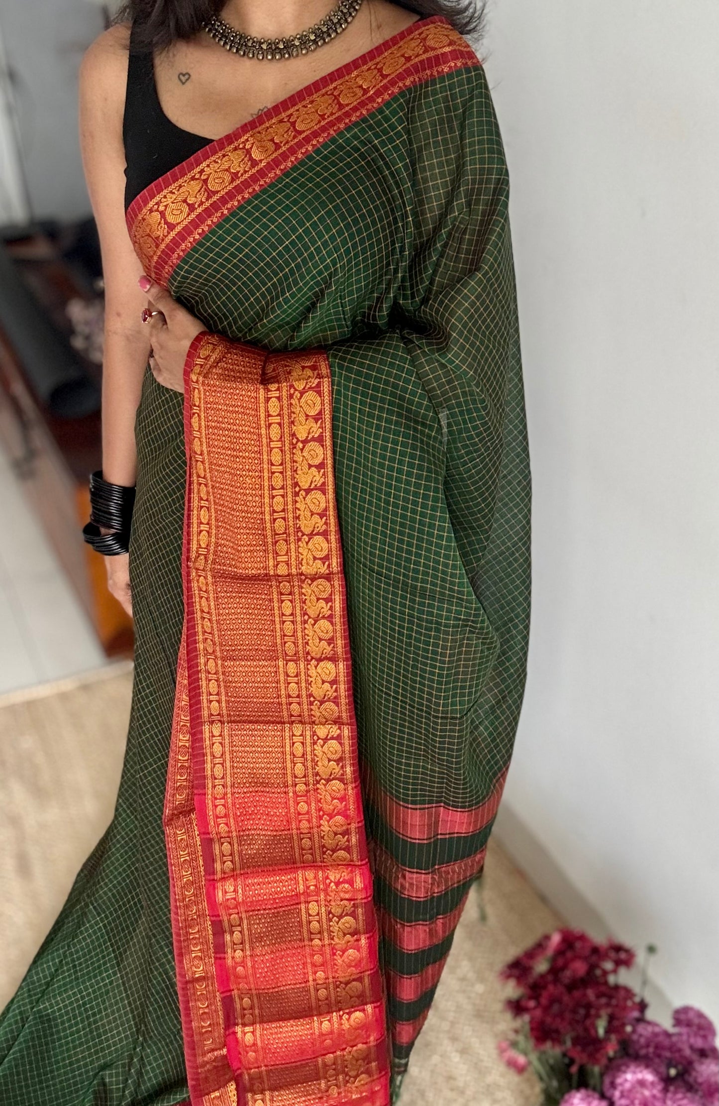 Dark green checks with zari border, premium narayanpet, soft cotton - YCWOTDFEBB12