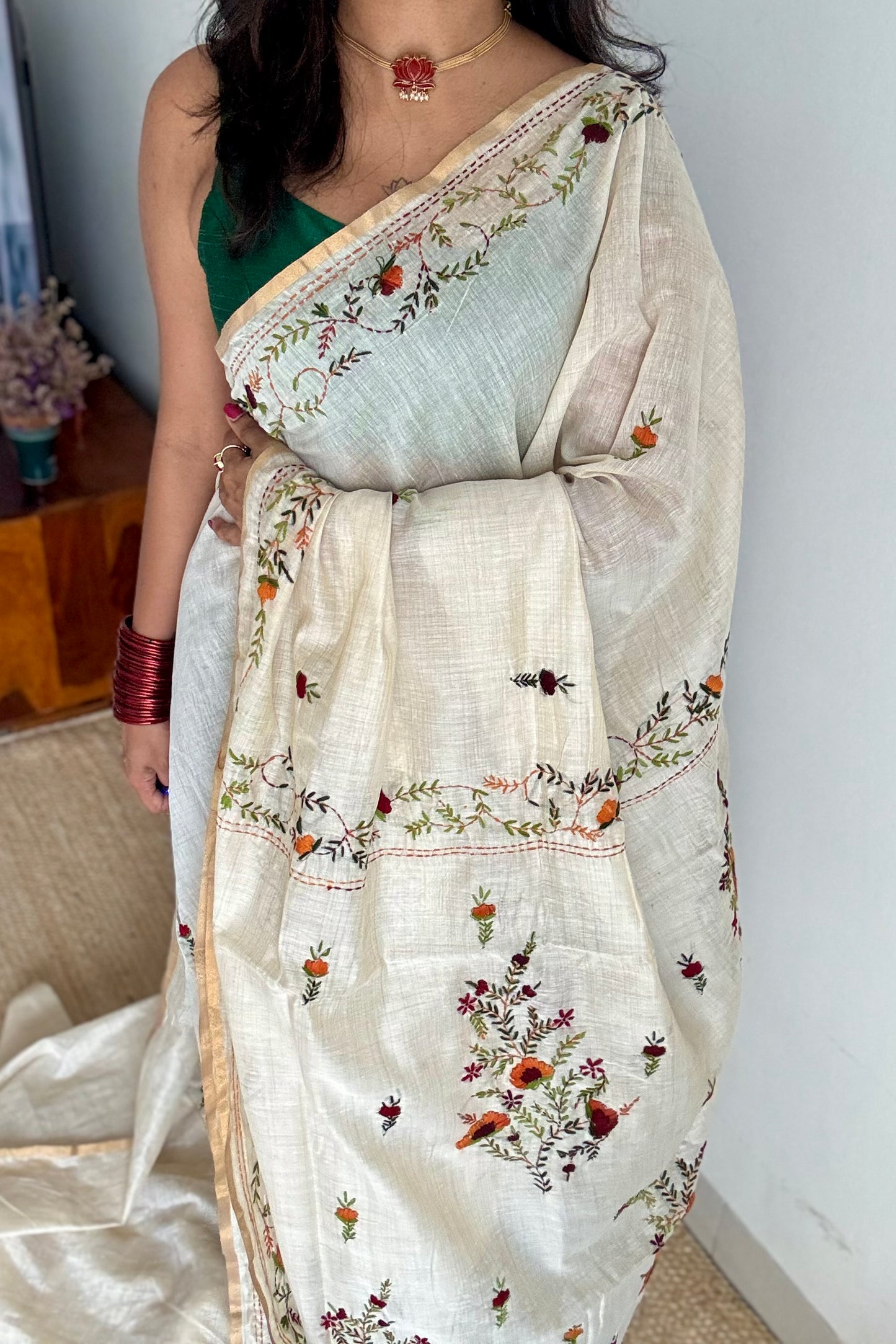 Ivory maheshwari cotton silk blend with deep maroon and orange floral kantha threadwork - YCBLJULMK04