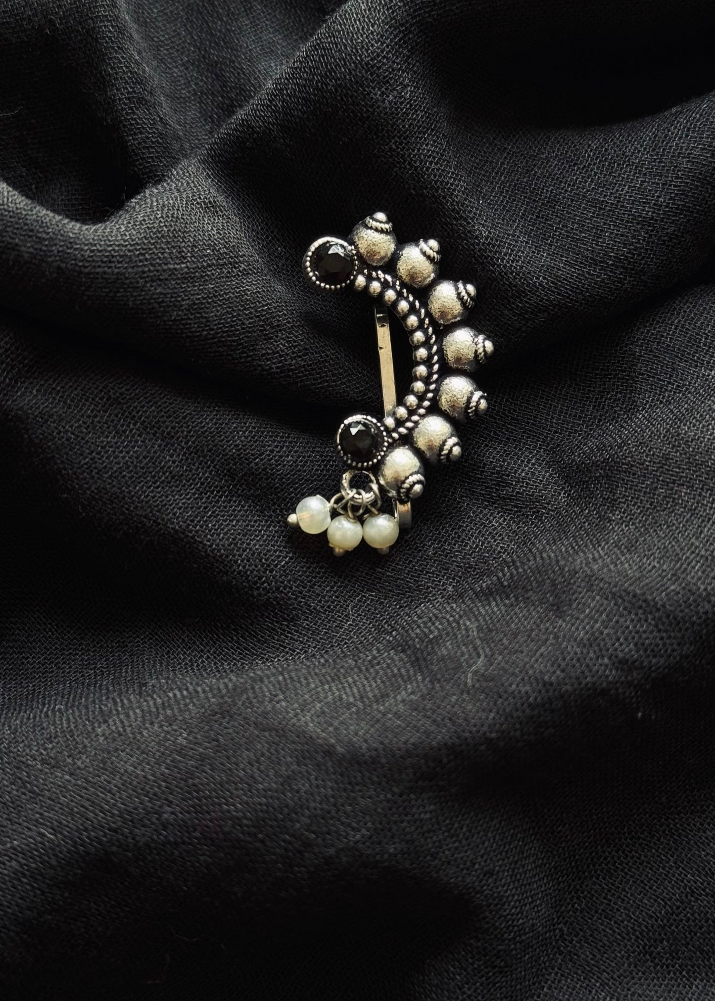 Oxidised silver, black stone, clip on Maharashtrian nath - YCOSNC196