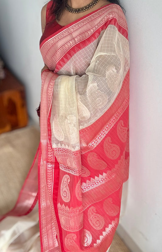 Cream with red contrast borders, kota doria with zari - YCBCDP15