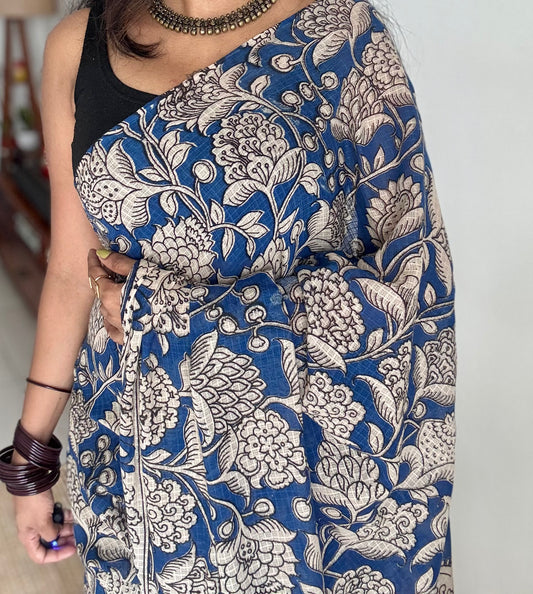 Blue floral kalamkari saree in kota - YCWOTDMA359