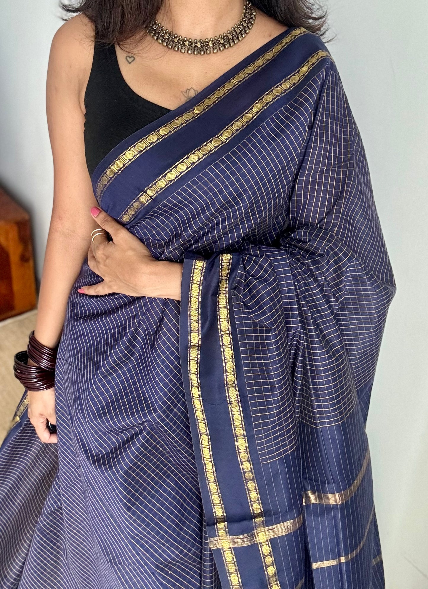 Dark blue, arani checks, cotton silk - YCCOTNJUAR06