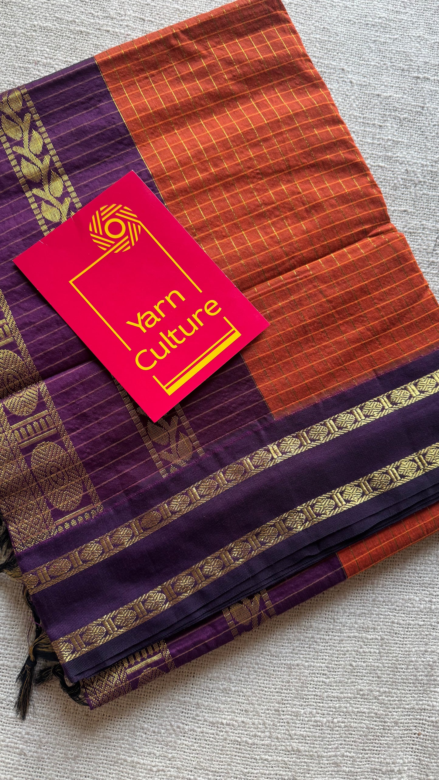 Orange with wine contrast arani checkered saree, cotton silk - YCCOTNKCFE68